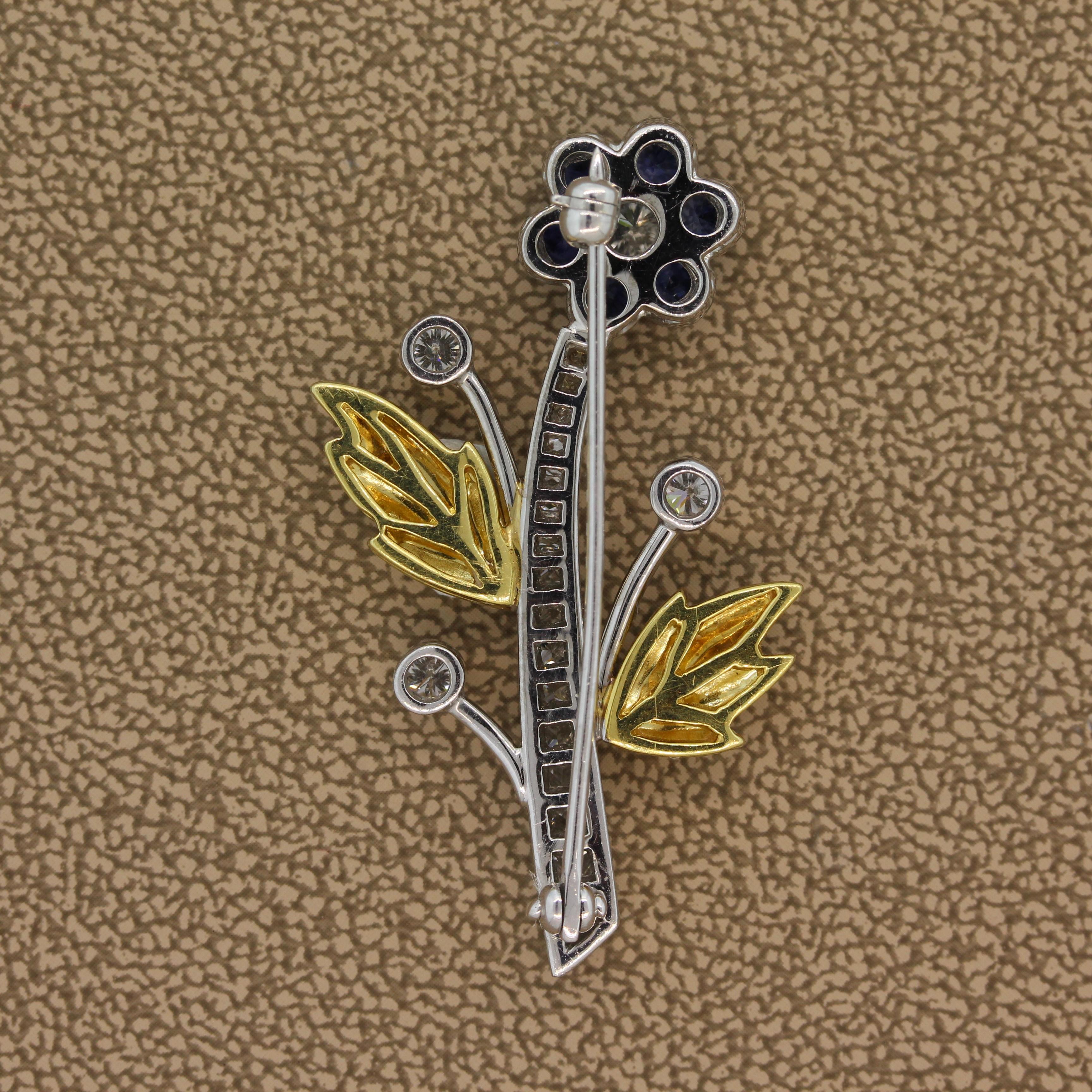 Sapphire Diamond Platinum Gold Flower Brooch For Sale 5