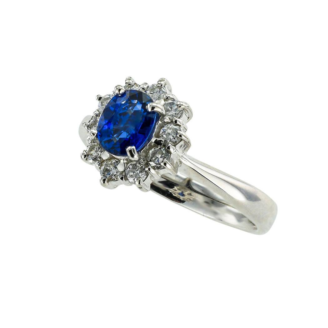 Sapphire and diamond platinum ring circa 1990.  Jacob's Diamond & Estate Jewelry.

ABOUT THIS ITEM:  #R-DJ1021i. Scroll down for specifications.  The platinum mounting centers upon an oval blue sapphire framed by round brilliant-cut diamonds.  The