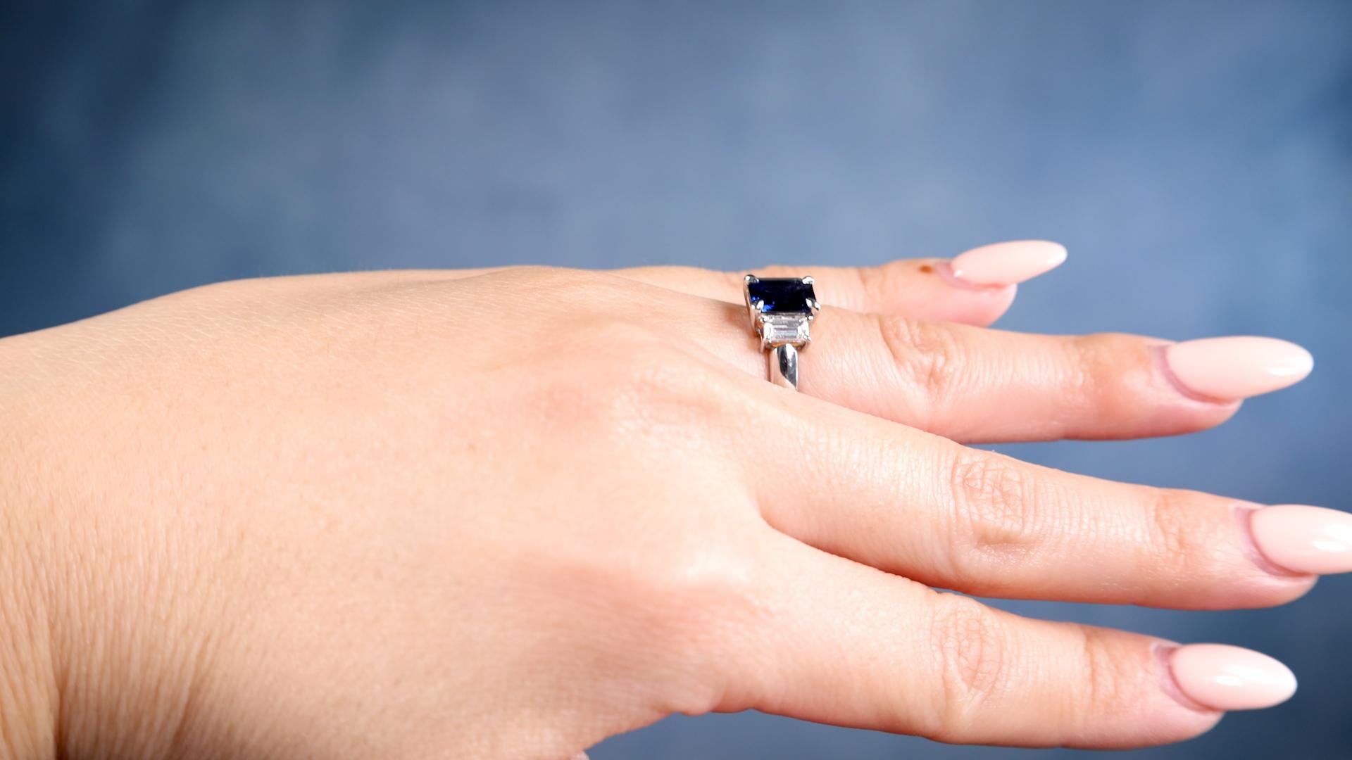 Baguette Cut Sapphire Diamond Platinum Ring For Sale