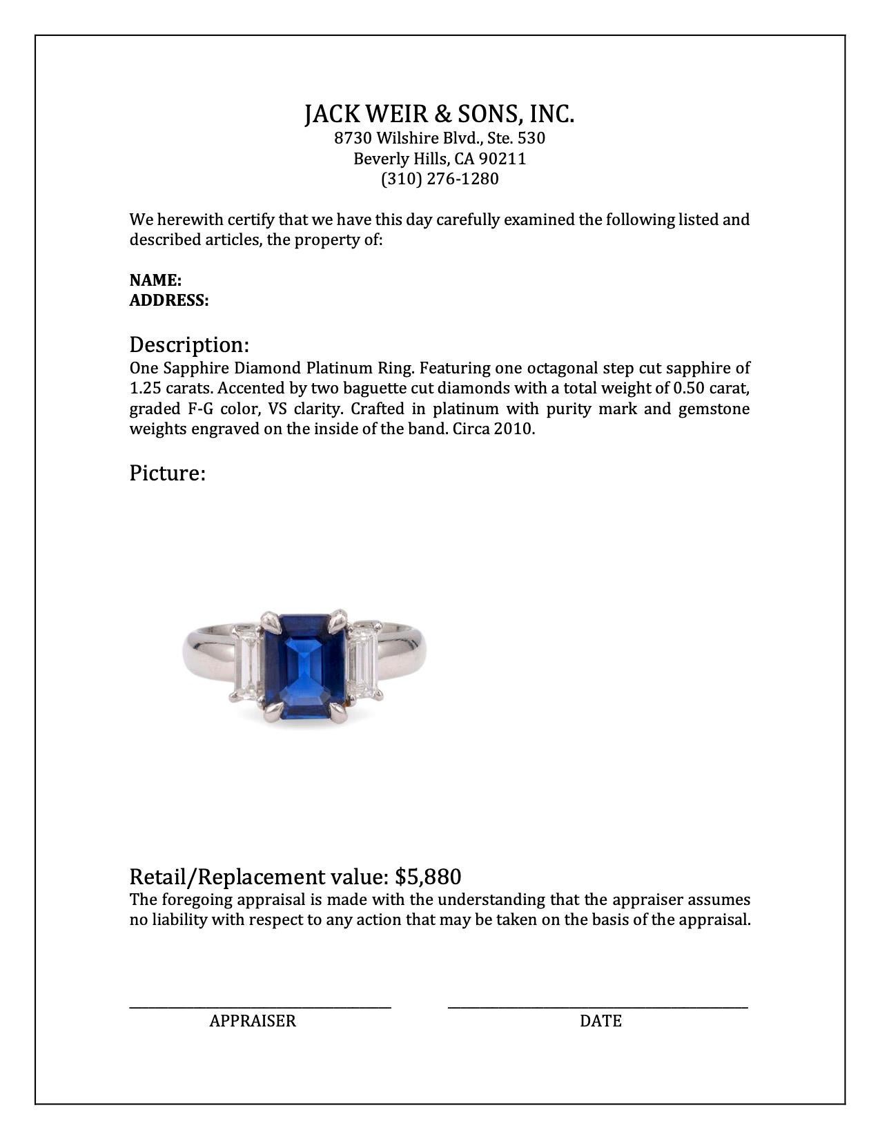 Women's or Men's Sapphire Diamond Platinum Ring For Sale