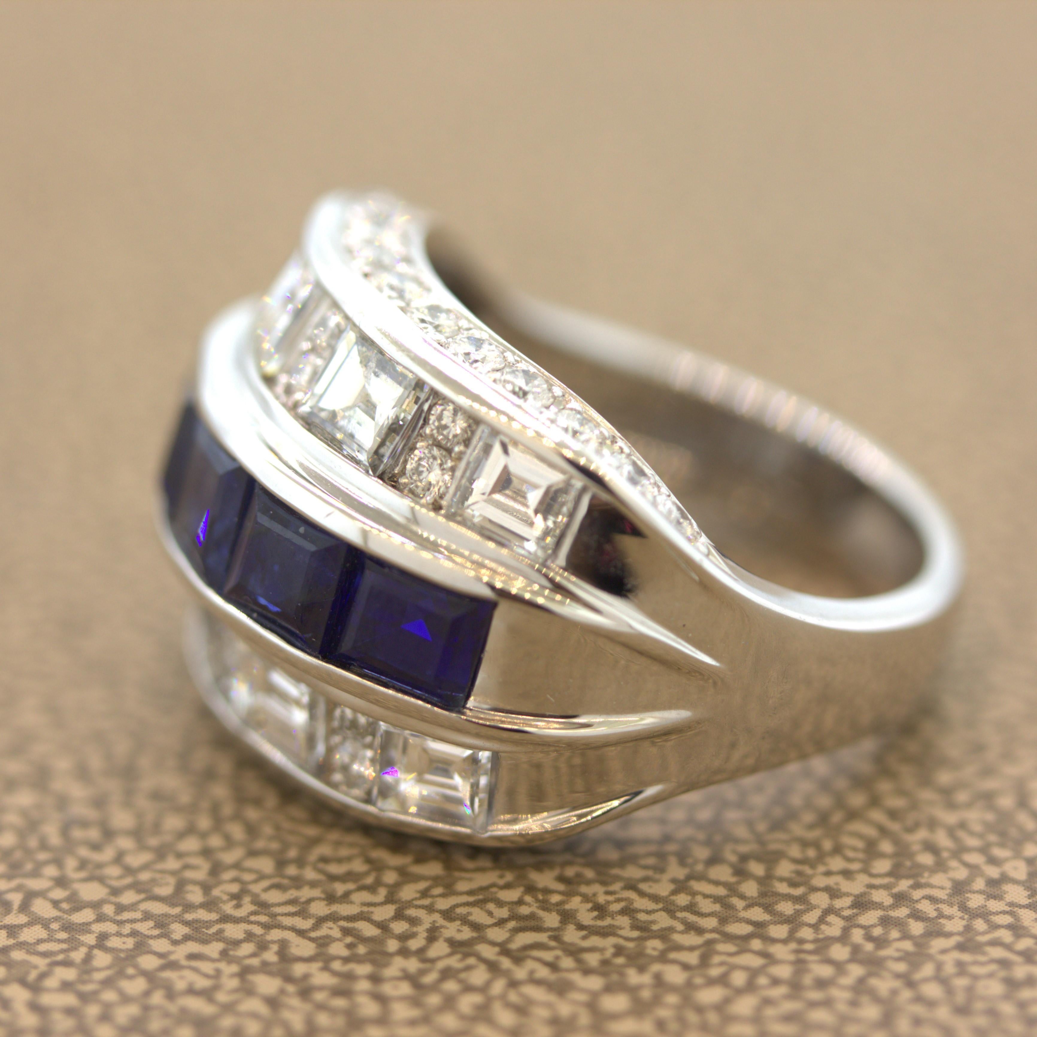 Square Cut Sapphire Diamond Platinum Wide Band Ring For Sale