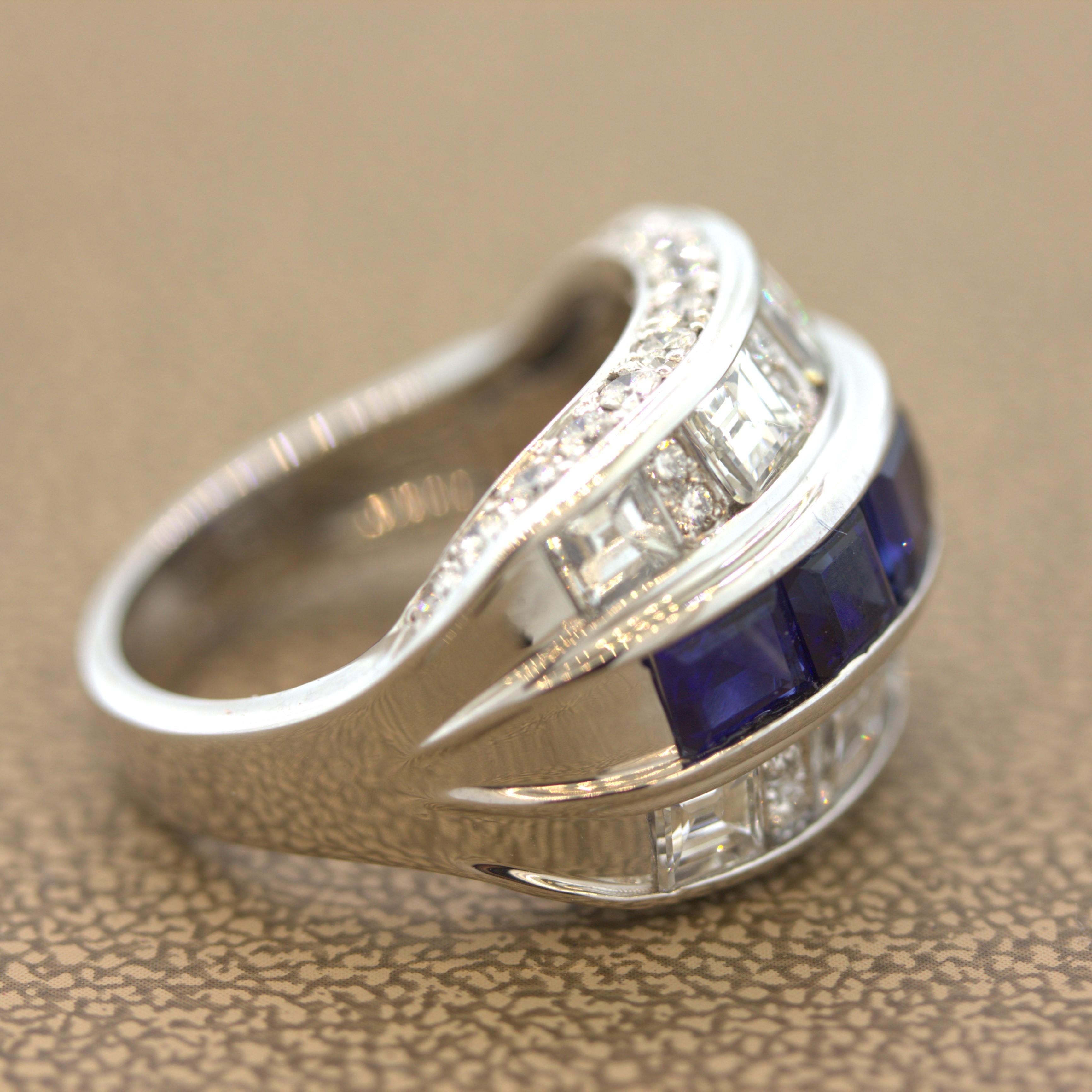 Sapphire Diamond Platinum Wide Band Ring In New Condition For Sale In Beverly Hills, CA