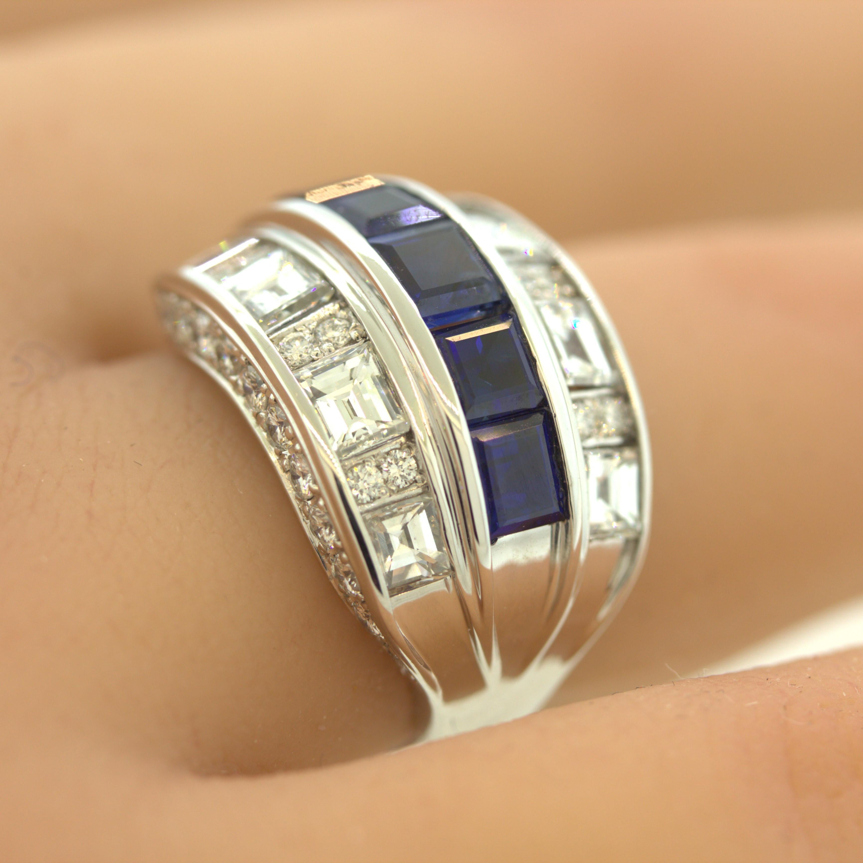 Women's Sapphire Diamond Platinum Wide Band Ring For Sale