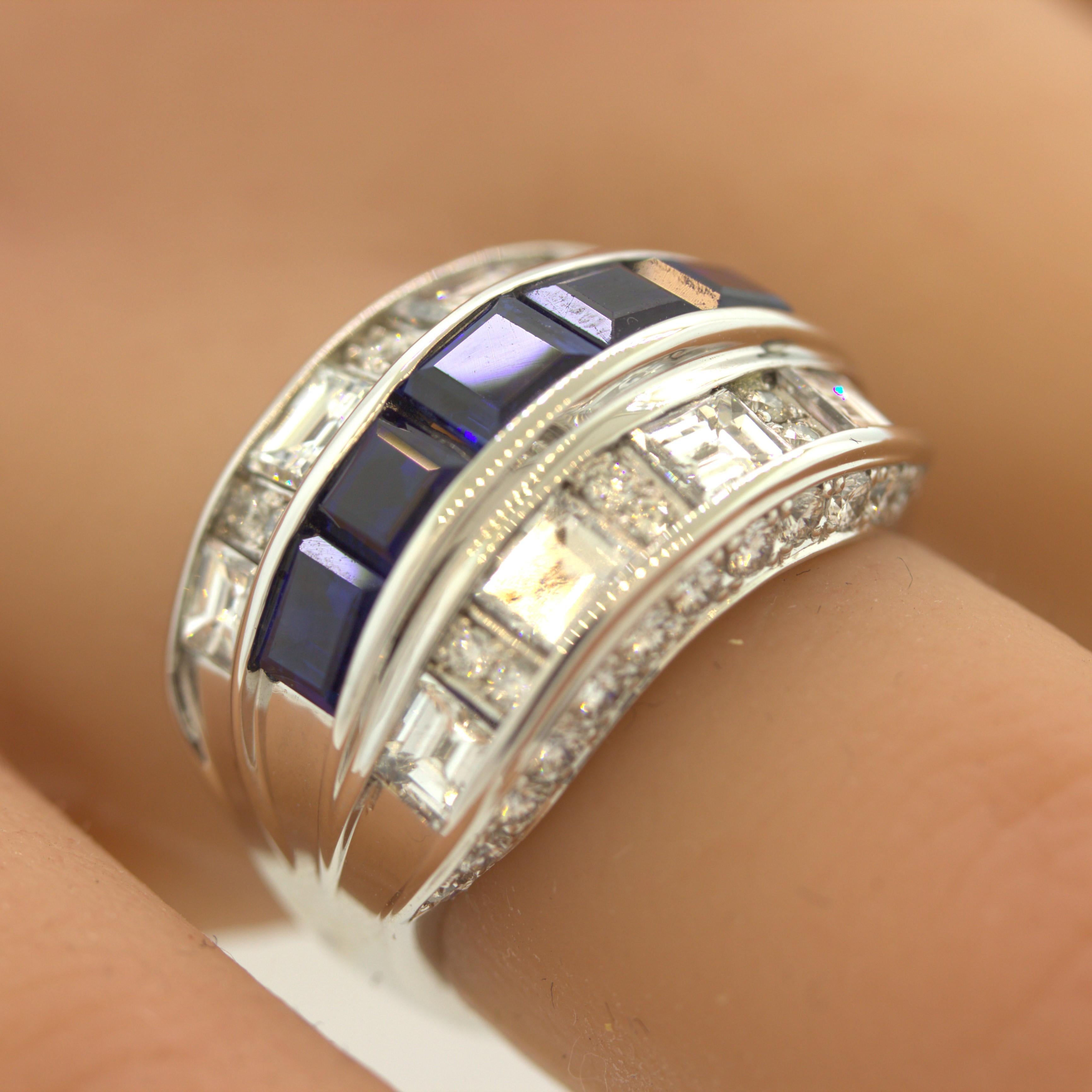 Sapphire Diamond Platinum Wide Band Ring For Sale 1