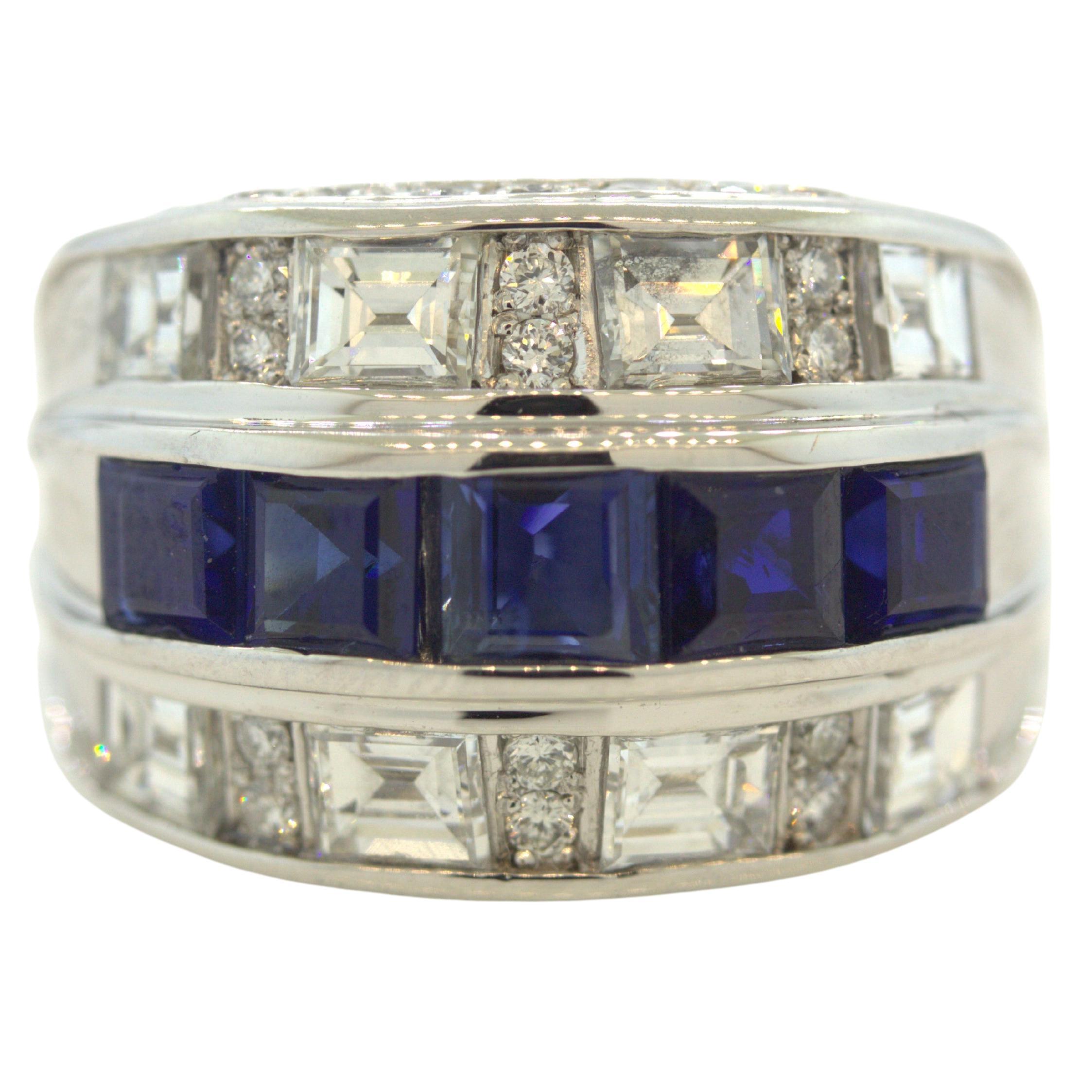 Sapphire Diamond Platinum Wide Band Ring For Sale