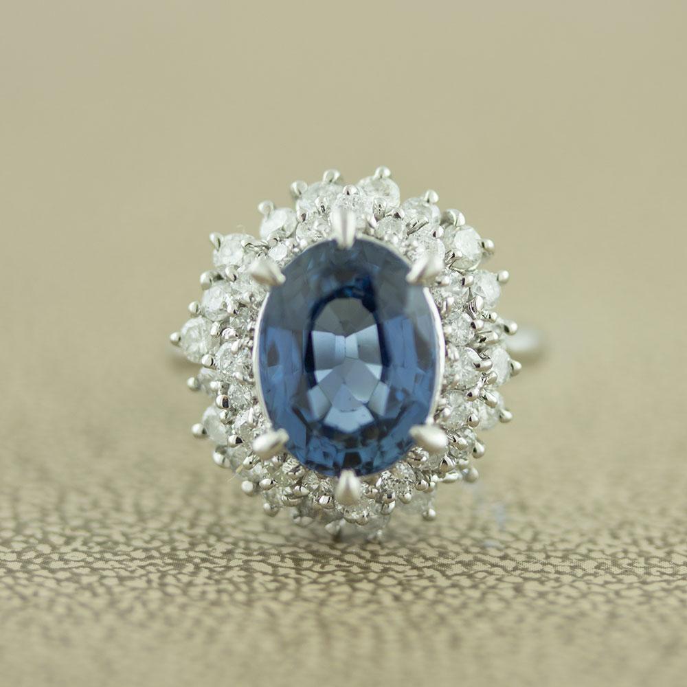 Sapphire Diamond Princess Diana Style Platinum Ring In New Condition In Beverly Hills, CA