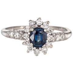 Vintage Sapphire Diamond Princess Ring Estate 14 Karat White Gold Gemstone Engagement