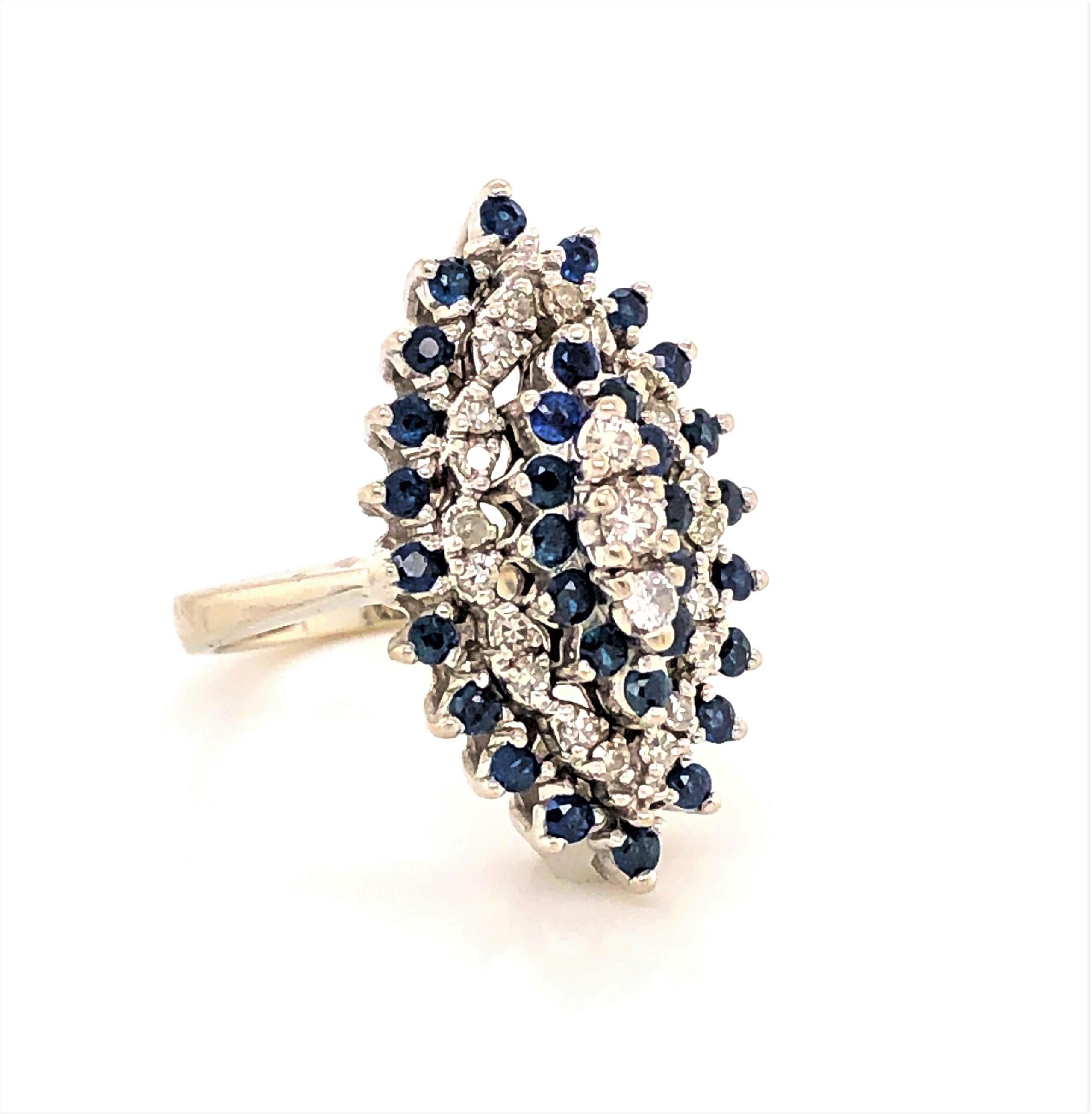 Sapphire Diamond Pyramid White Gold Cocktail Ring In Excellent Condition For Sale In Mount Kisco, NY