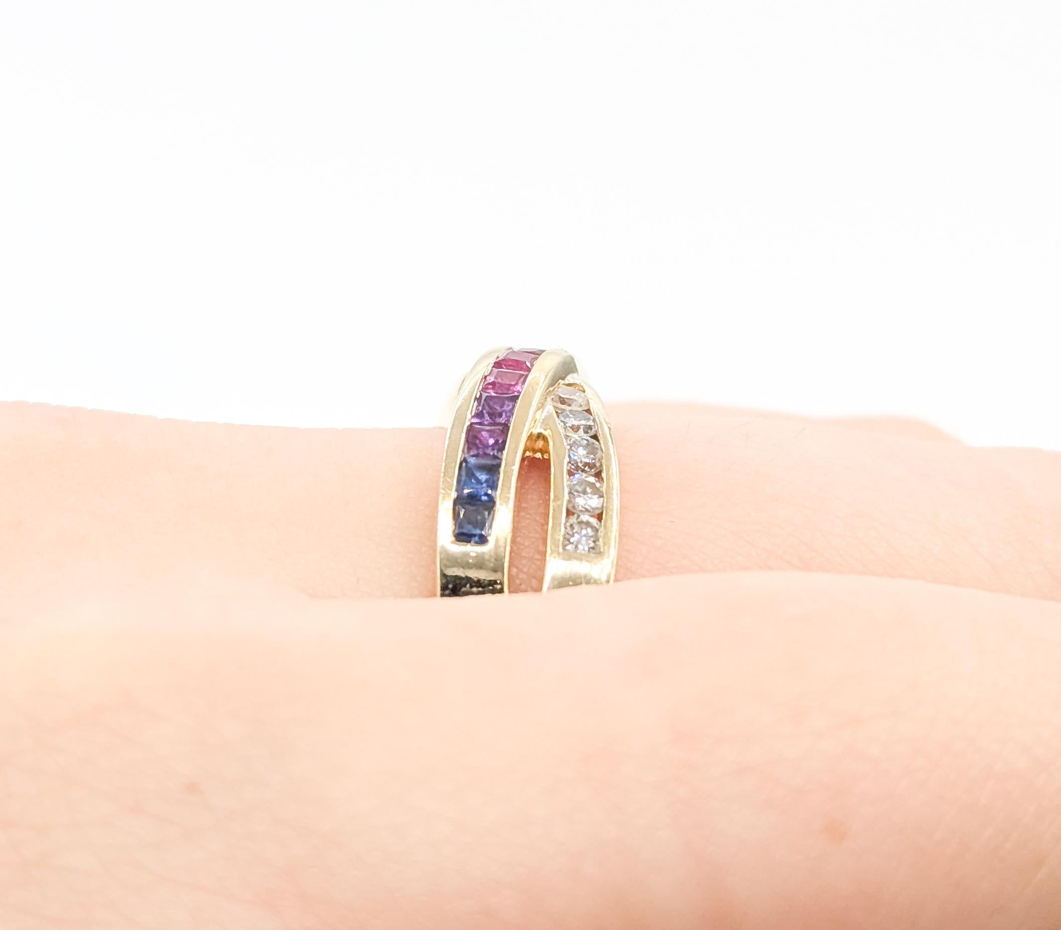 Taille ronde Bague en or jaune 14k saphir et diamant Rainbow Diamonds en vente