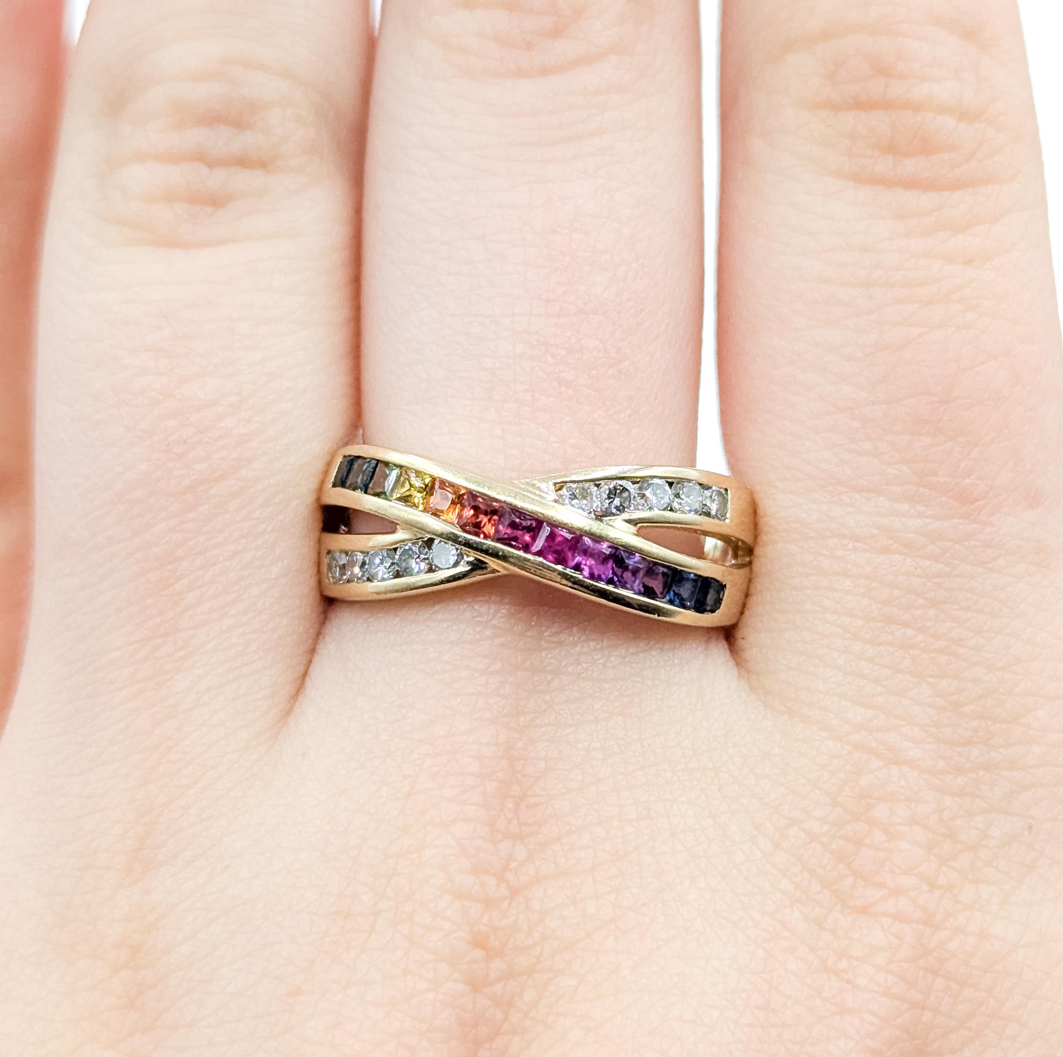 Bague en or jaune 14k saphir et diamant Rainbow Diamonds Unisexe en vente