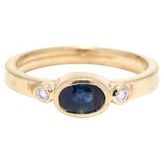 Sapphire Diamond Ring, 14K Gold, Sideways Sapphire Ring, Horizontal Sapphire