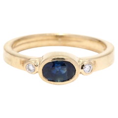 Retro Sapphire Diamond Ring, 14K Gold, Sideways Sapphire Ring, Horizontal Sapphire 