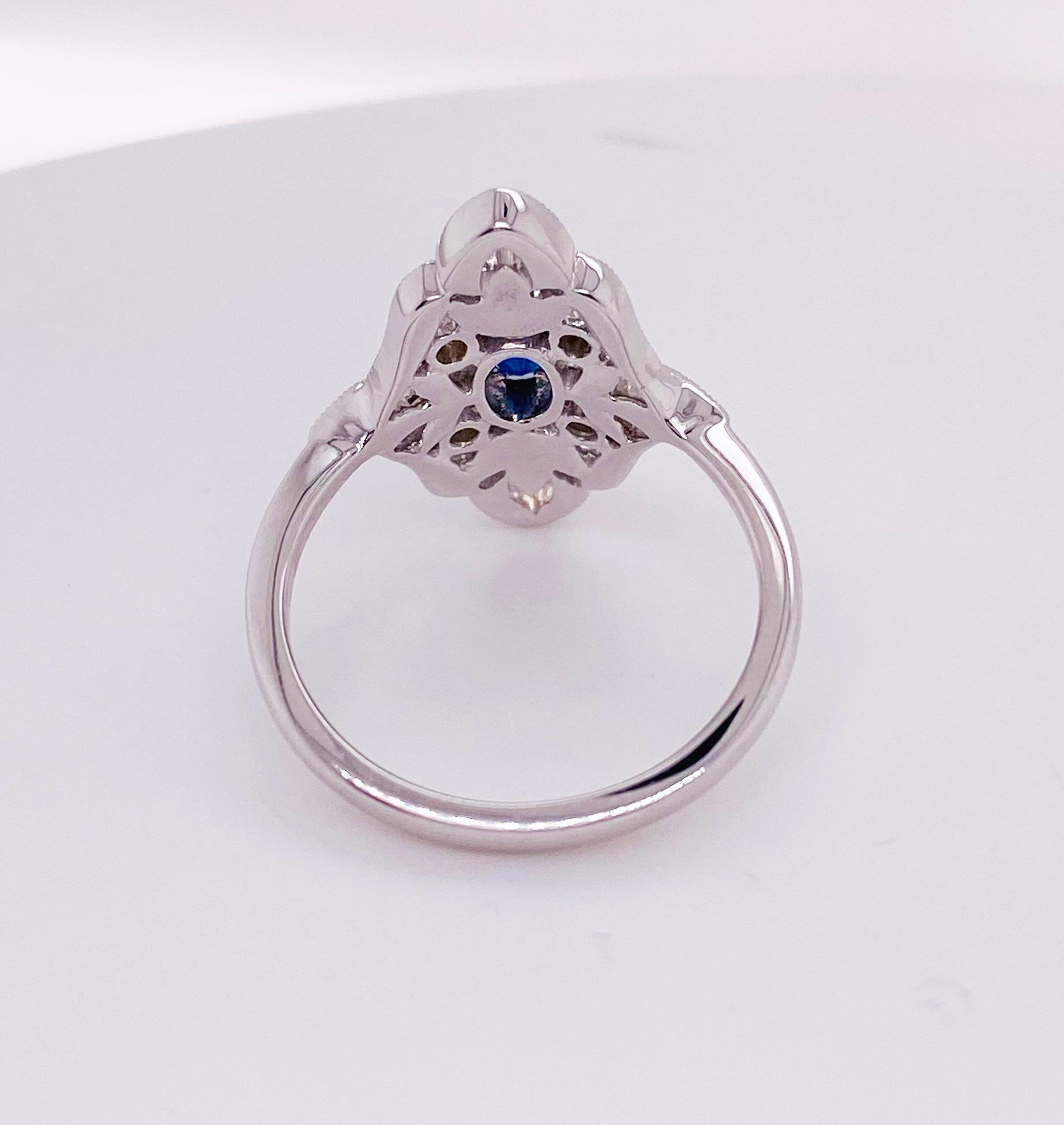 Round Cut Sapphire & Diamond 14k White Gold Filigree .50 Carat Diamond Art Deco Style Ring For Sale