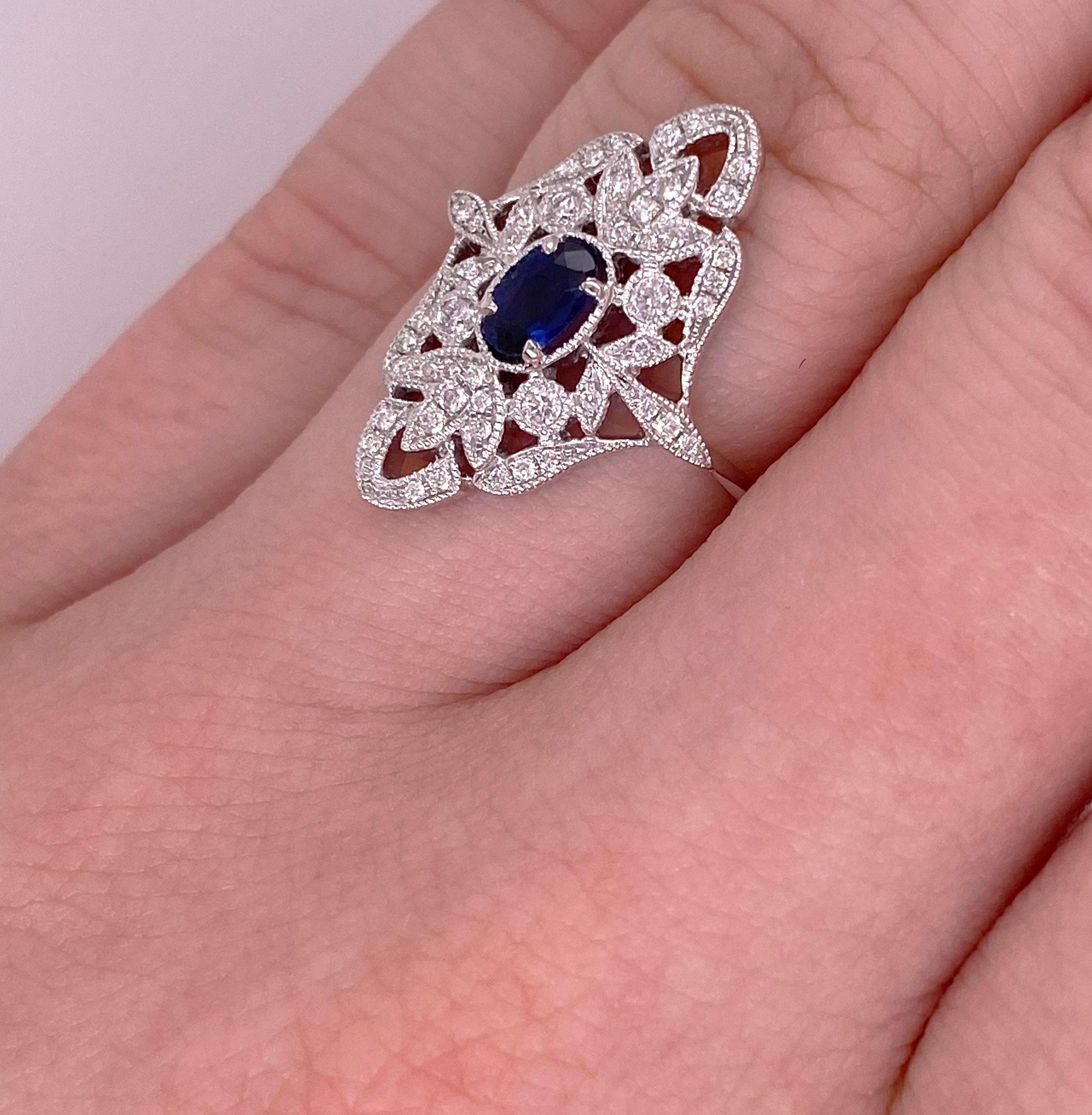 Sapphire & Diamond 14k White Gold Filigree .50 Carat Diamond Art Deco Style Ring In New Condition For Sale In Austin, TX