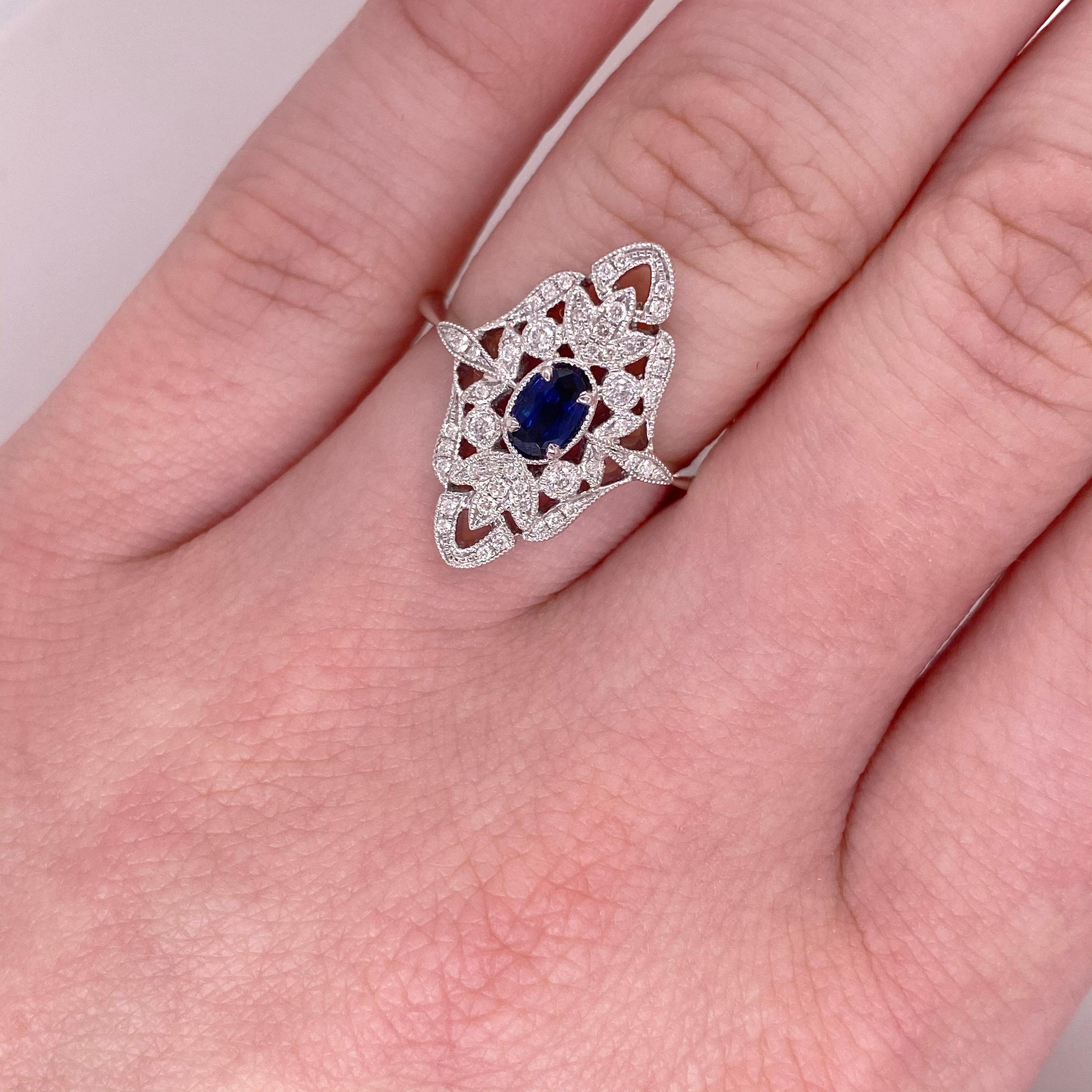 Women's Sapphire & Diamond 14k White Gold Filigree .50 Carat Diamond Art Deco Style Ring For Sale