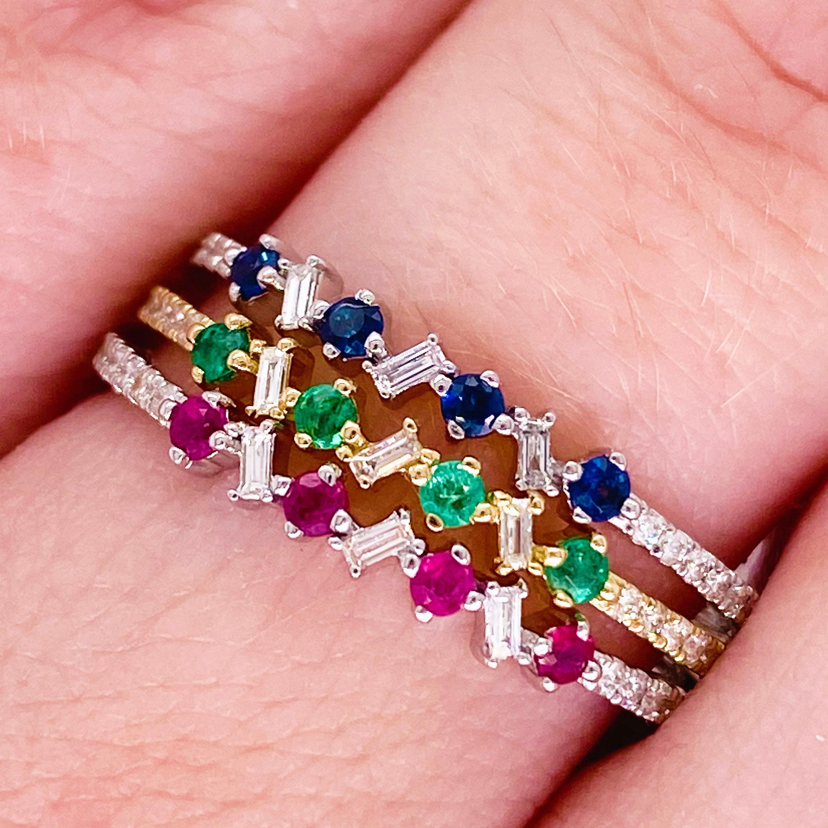 Vibrant blue sapphires and bright white diamonds have never looked better! This sapphire and diamond band has genuine, natural round sapphire gemstones set next to bright baguette and round white diamonds. The stones are set in a 14 karat white gold