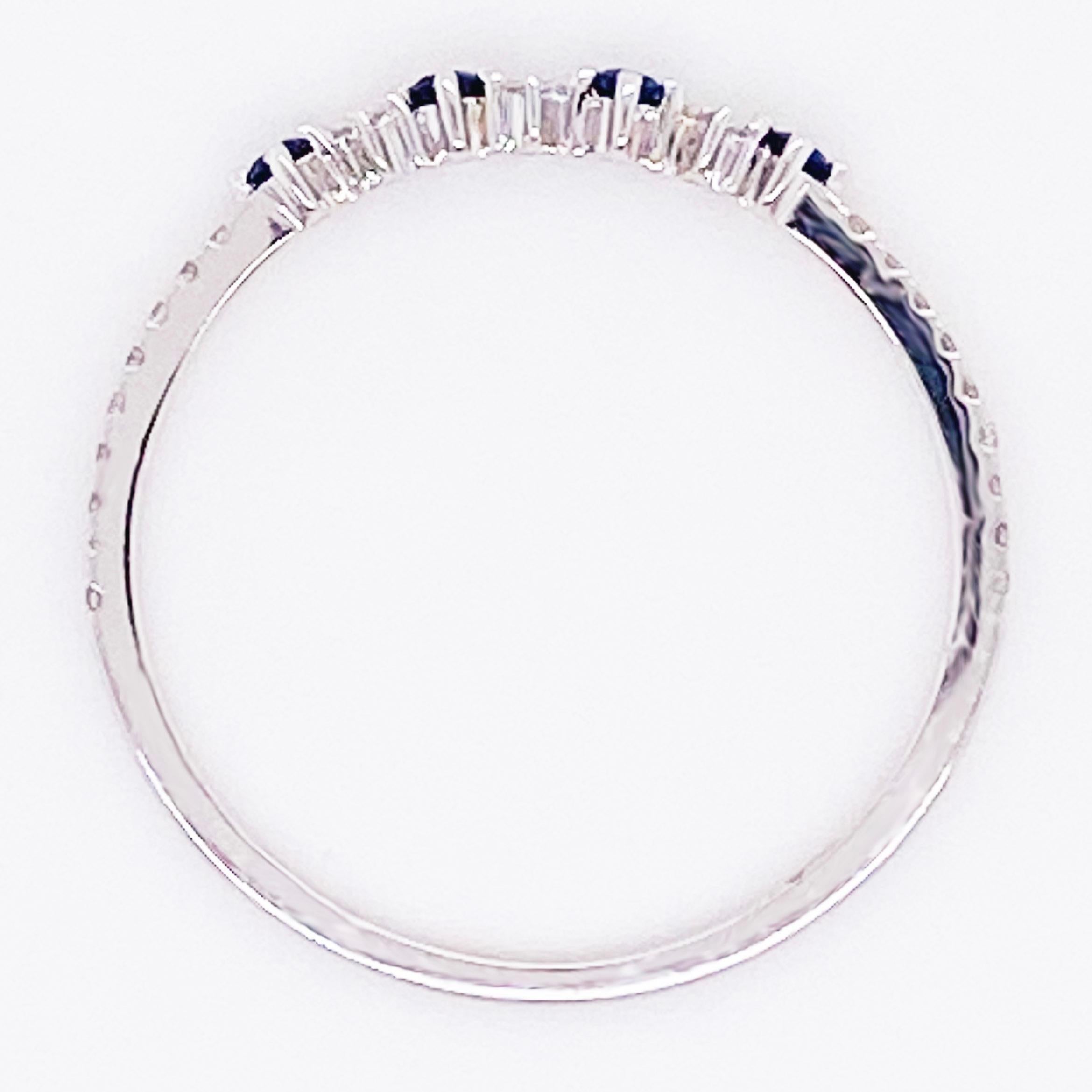 Round Cut Sapphire Diamond Ring, 14 Karat Gold, Round Blue Sapphire Baguette Diamond Band For Sale