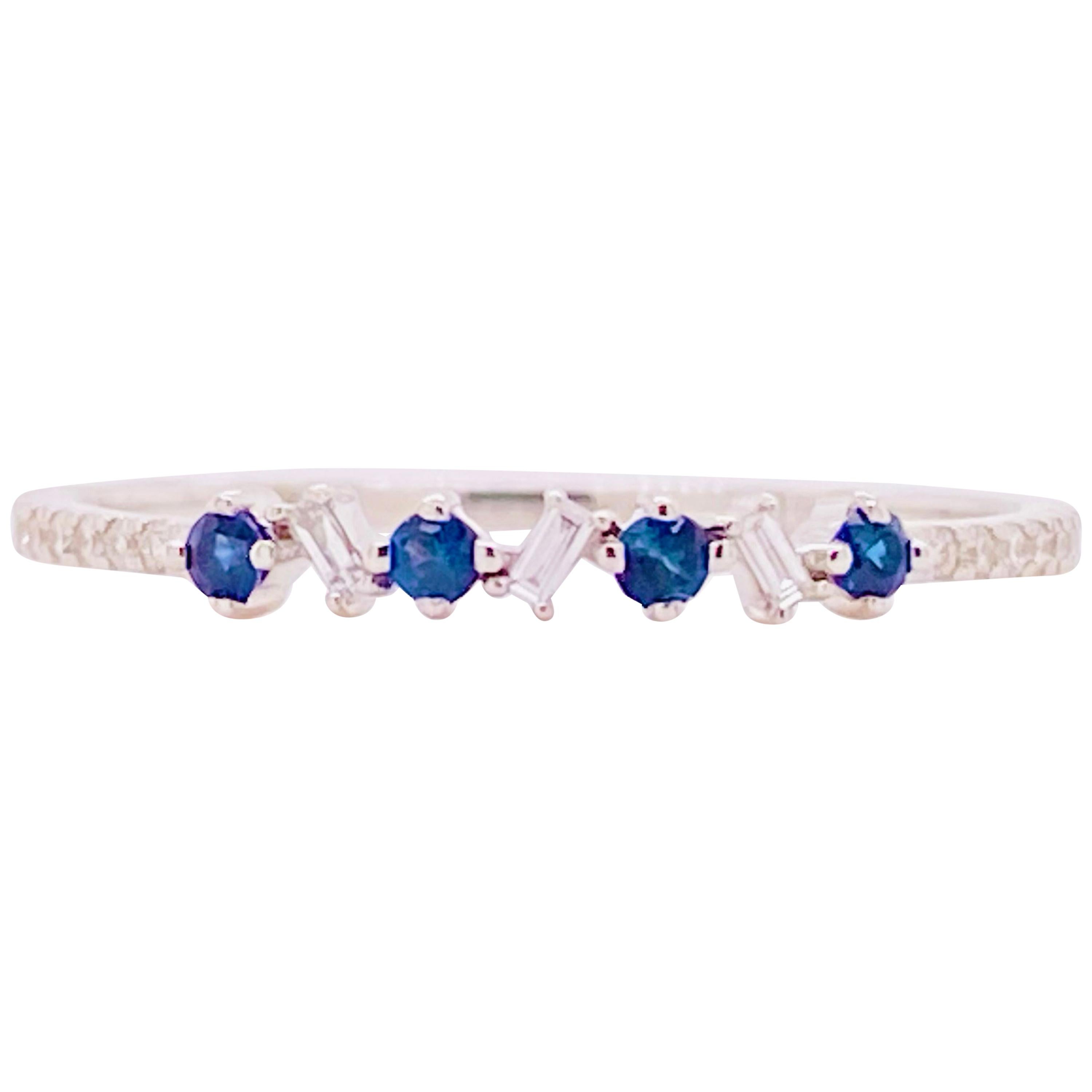 Sapphire Diamond Ring, 14 Karat Gold, Round Blue Sapphire Baguette Diamond Band