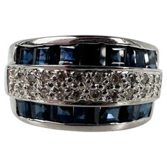 Sapphire Diamond Ring 14 Karat White Gold Modern Wide Ring