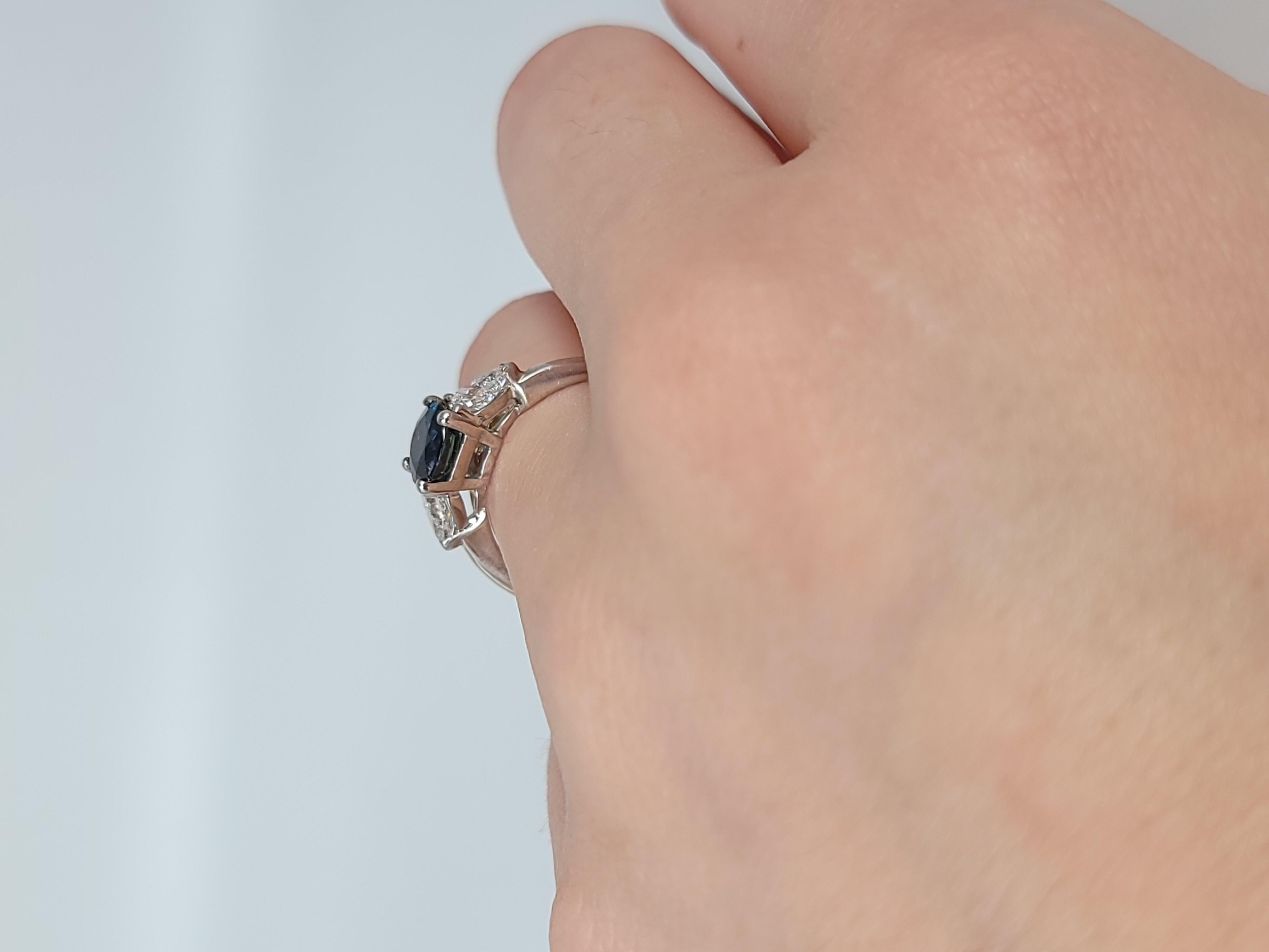 Women's Sapphire Diamond Ring 14 Karat White Gold Pear Brilliant Diamond Ring For Sale