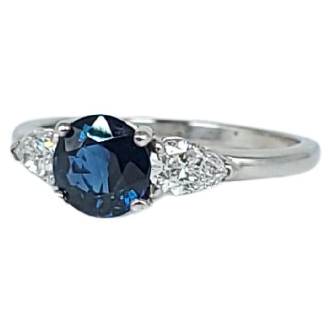 Sapphire Diamond Ring 14 Karat White Gold Pear Brilliant Diamond Ring For Sale