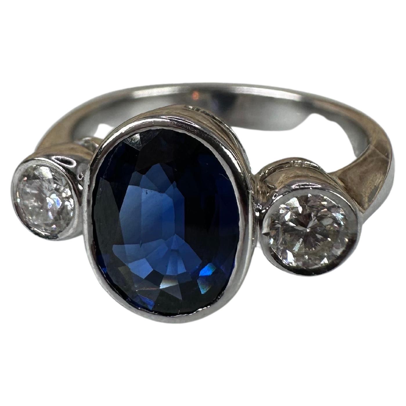 Sapphire Diamond Ring 18 Karat White Gold 2.20 Carat Rare Three Stone Ring For Sale