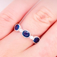 Sapphire Diamond Ring, Blue Sapphire, 14 Karat White Gold, Stackable Bezel Band