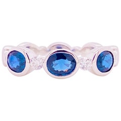 Sapphire Diamond Ring, Blue Sapphire, 14 Karat White Gold, Stackable Bezel Band