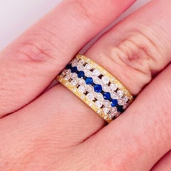 Sapphire Diamond Ring, Blue Sapphire, 14 Karat Yellow and White Gold, Cigar Band