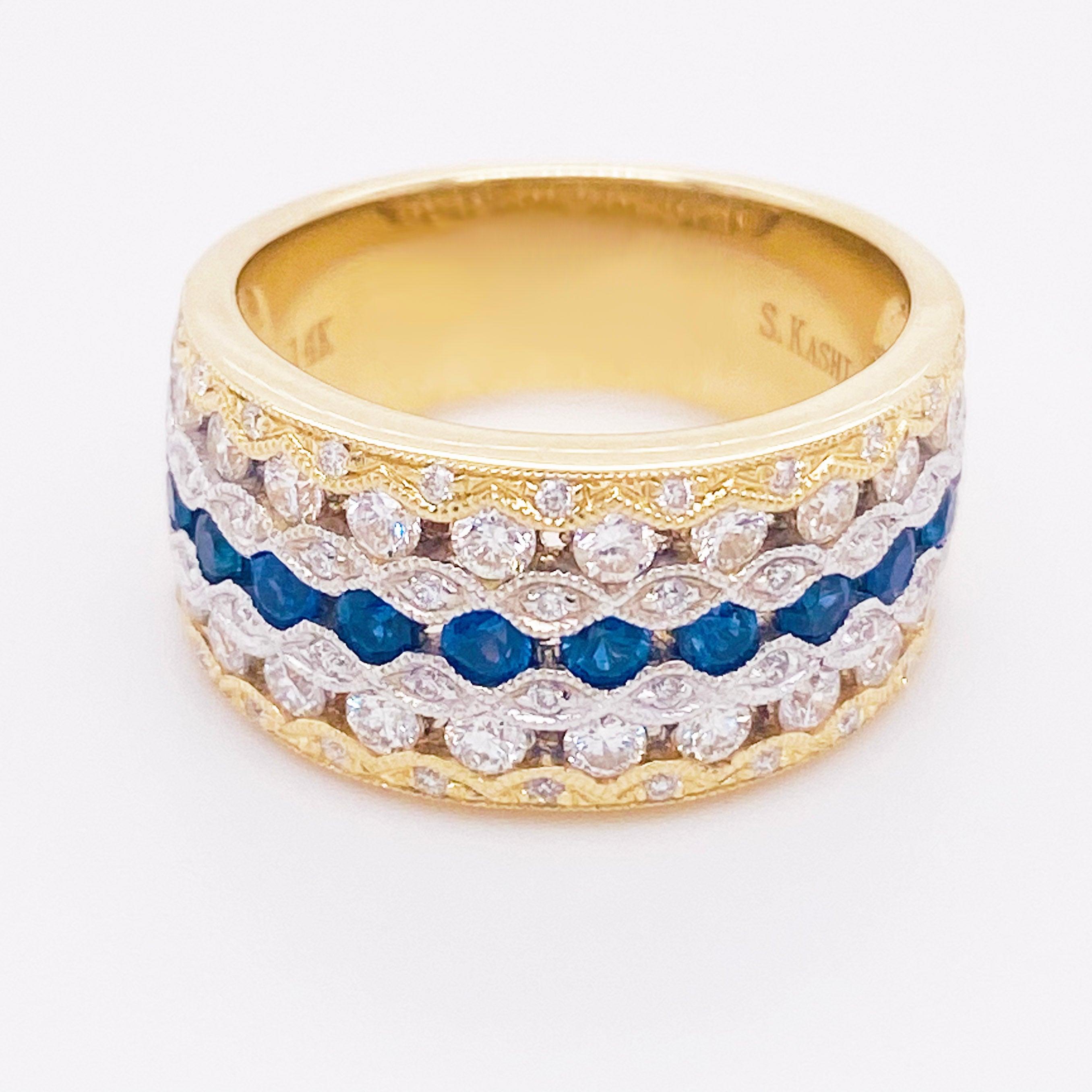 For Sale:  Sapphire Diamond Ring, Blue Sapphire, 14 Karat Yellow and White Gold, Cigar Band 3