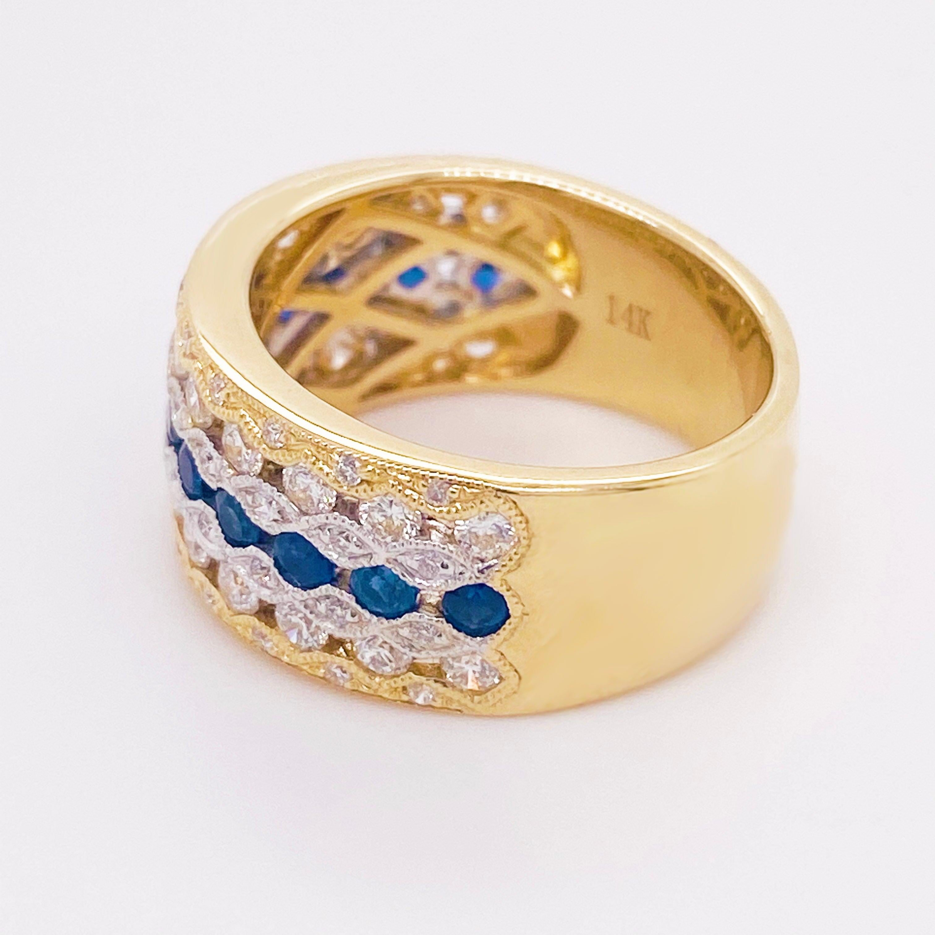 For Sale:  Sapphire Diamond Ring, Blue Sapphire, 14 Karat Yellow and White Gold, Cigar Band 4