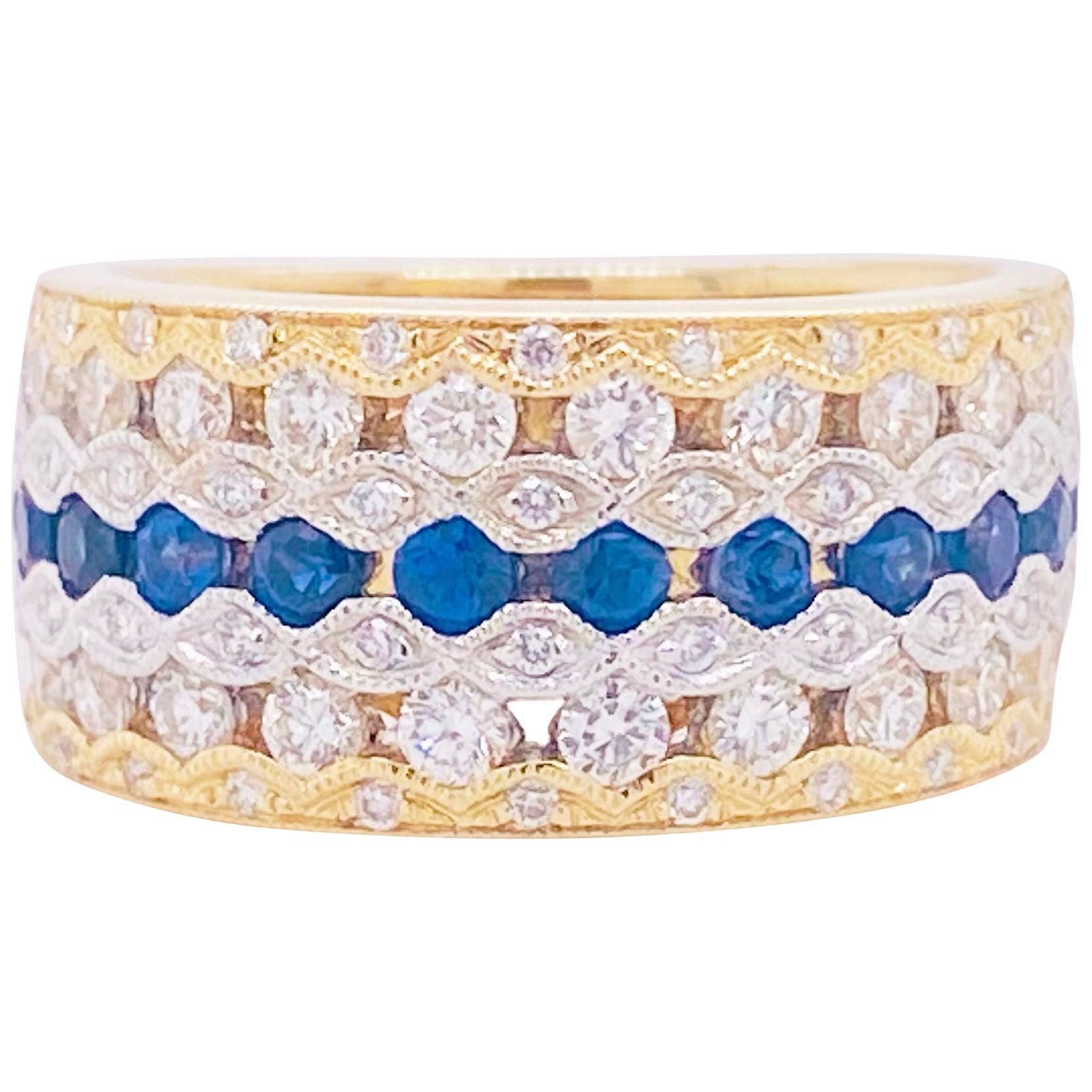 Sapphire Diamond Ring, Blue Sapphire, 14 Karat Yellow and White Gold, Cigar Band