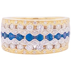 Saphir-Diamant-Ring, blauer Saphir, 14 Karat Gelb- und Weißgold, Zigarrenring