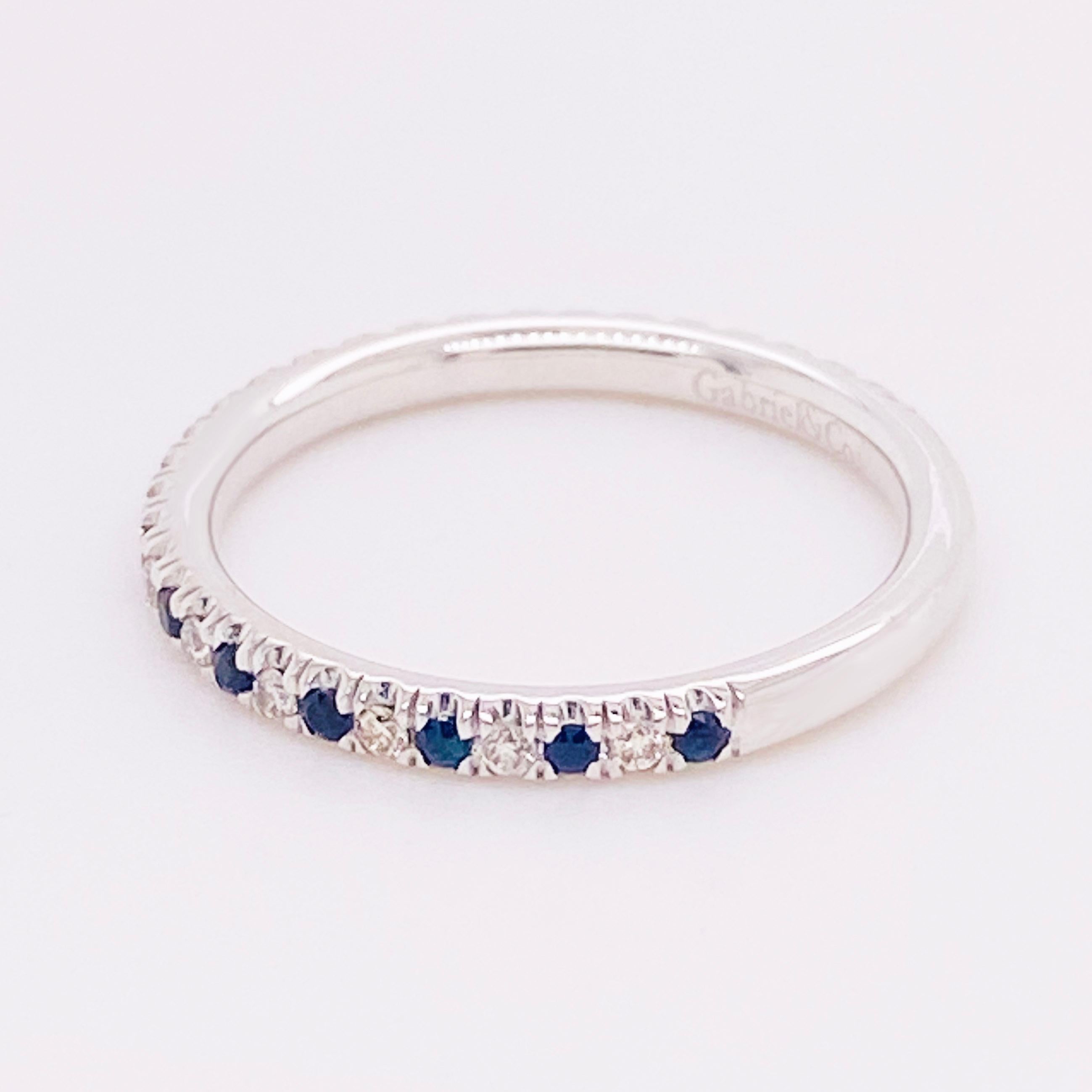Modern Sapphire Diamond Ring, Blue Sapphire, 14 Kt White Gold, Stackable Band, Classic For Sale