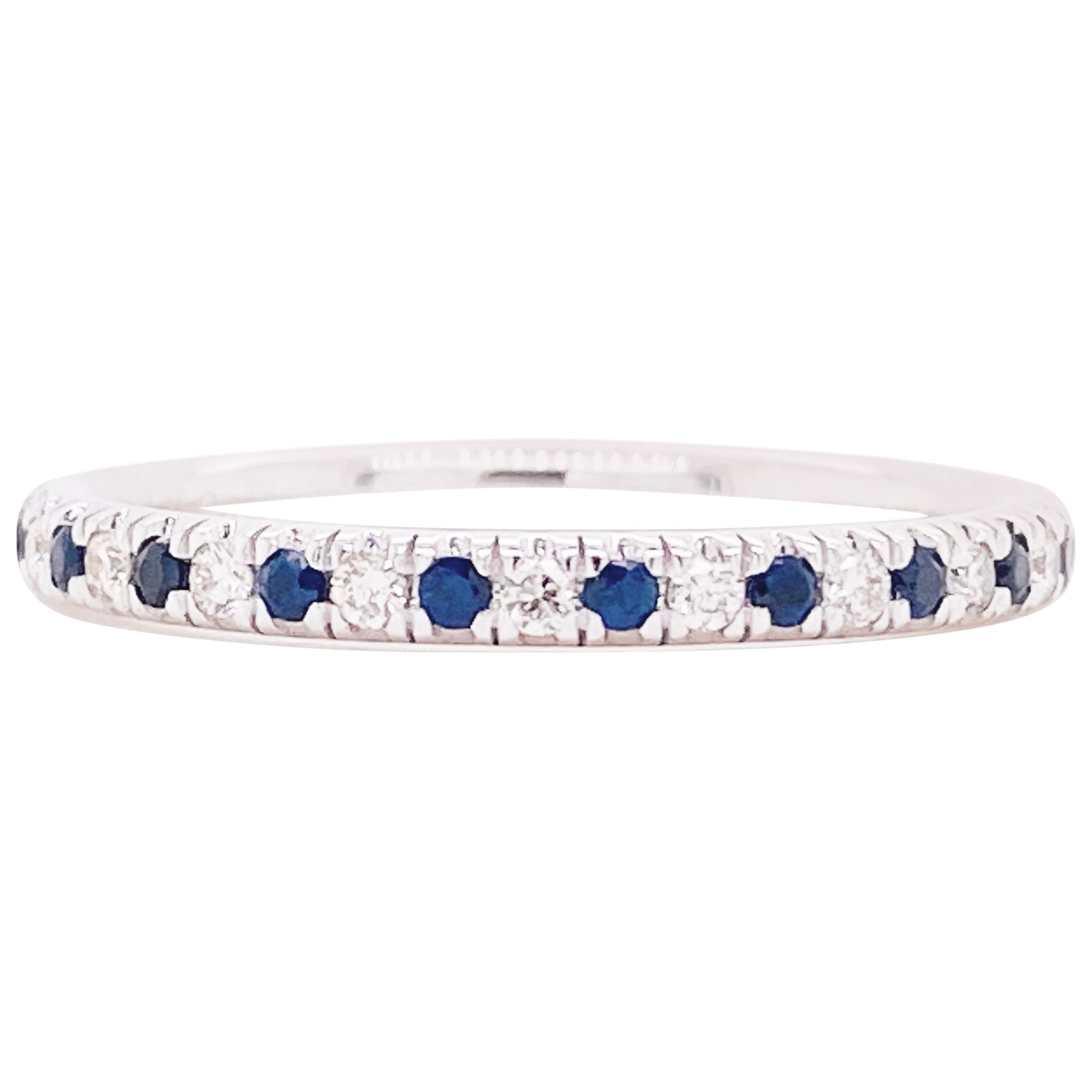 Sapphire Diamond Ring, Blue Sapphire, 14 Kt White Gold, Stackable Band, Classic For Sale