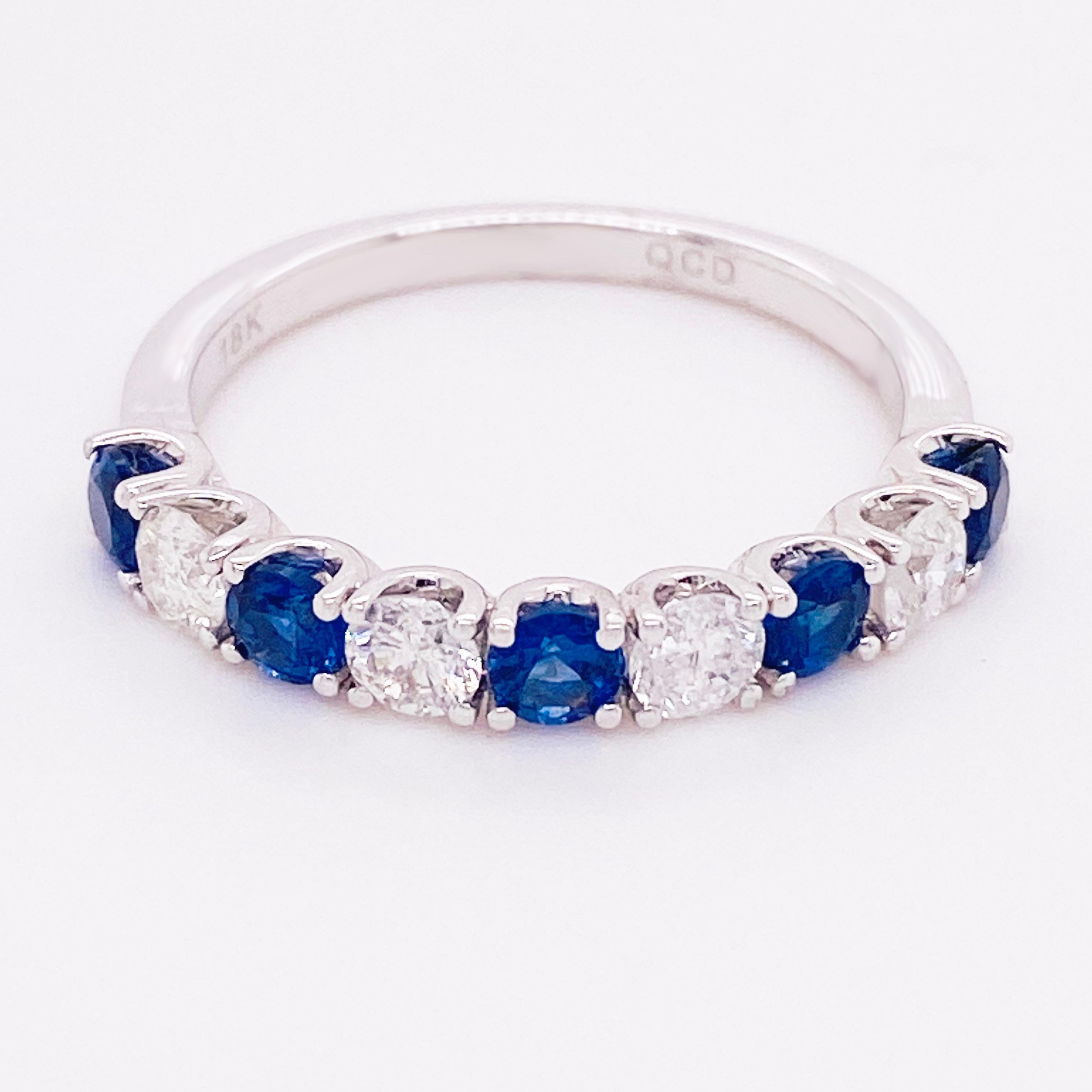Modern Sapphire Diamond Ring, Blue Sapphire, 18 Karat White Gold, Stackable Band