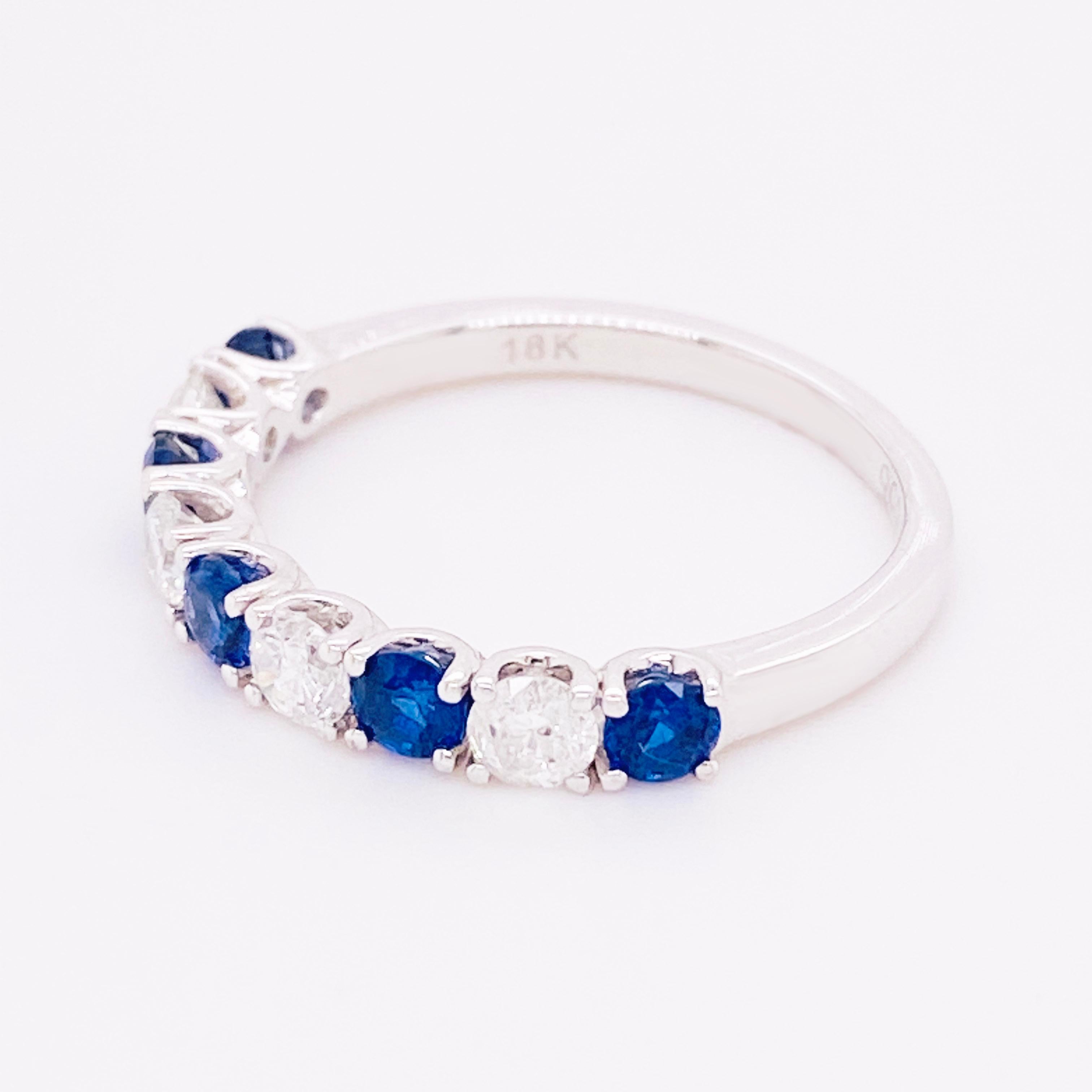 Round Cut Sapphire Diamond Ring, Blue Sapphire, 18 Karat White Gold, Stackable Band