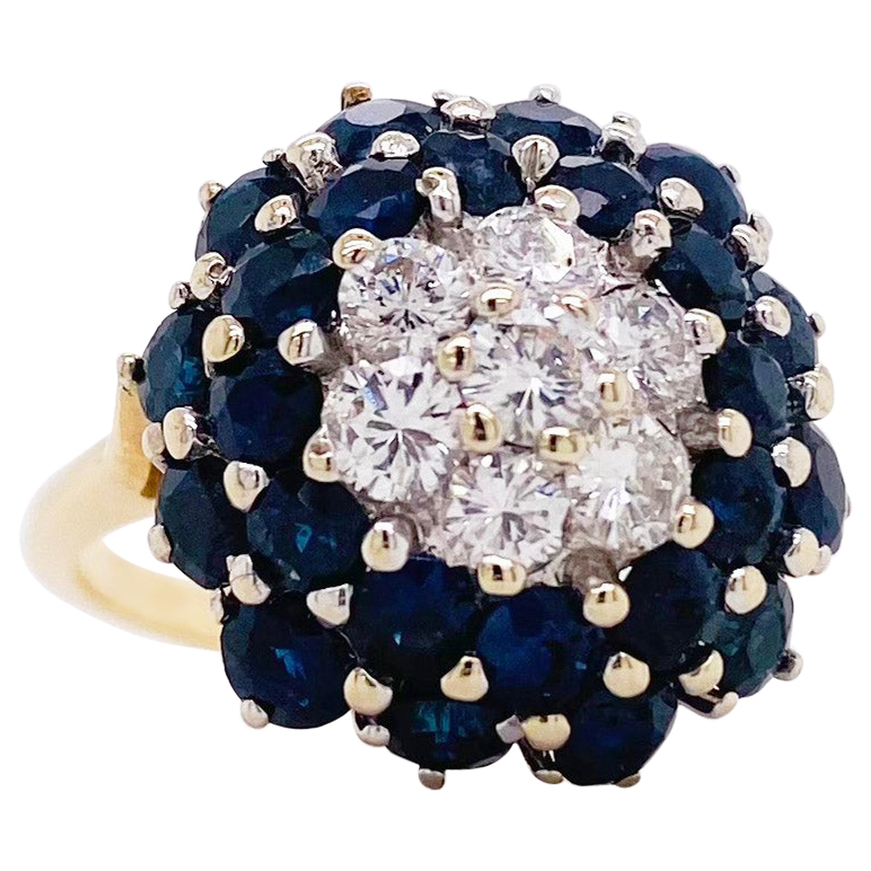 Sapphire Diamond Ring, Blue Sapphire Cluster Ring, Yellow Gold, circa 1975
