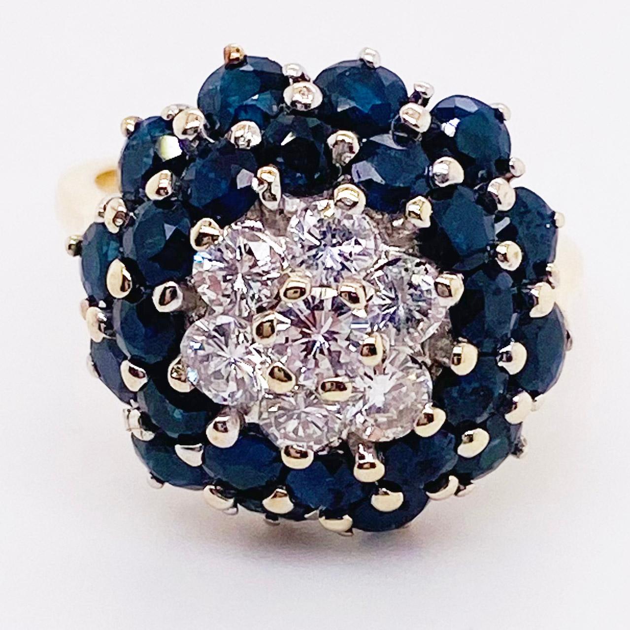 Round Cut Sapphire Diamond Ring, Blue Sapphire Cluster Ring, Yellow Gold, circa 1975
