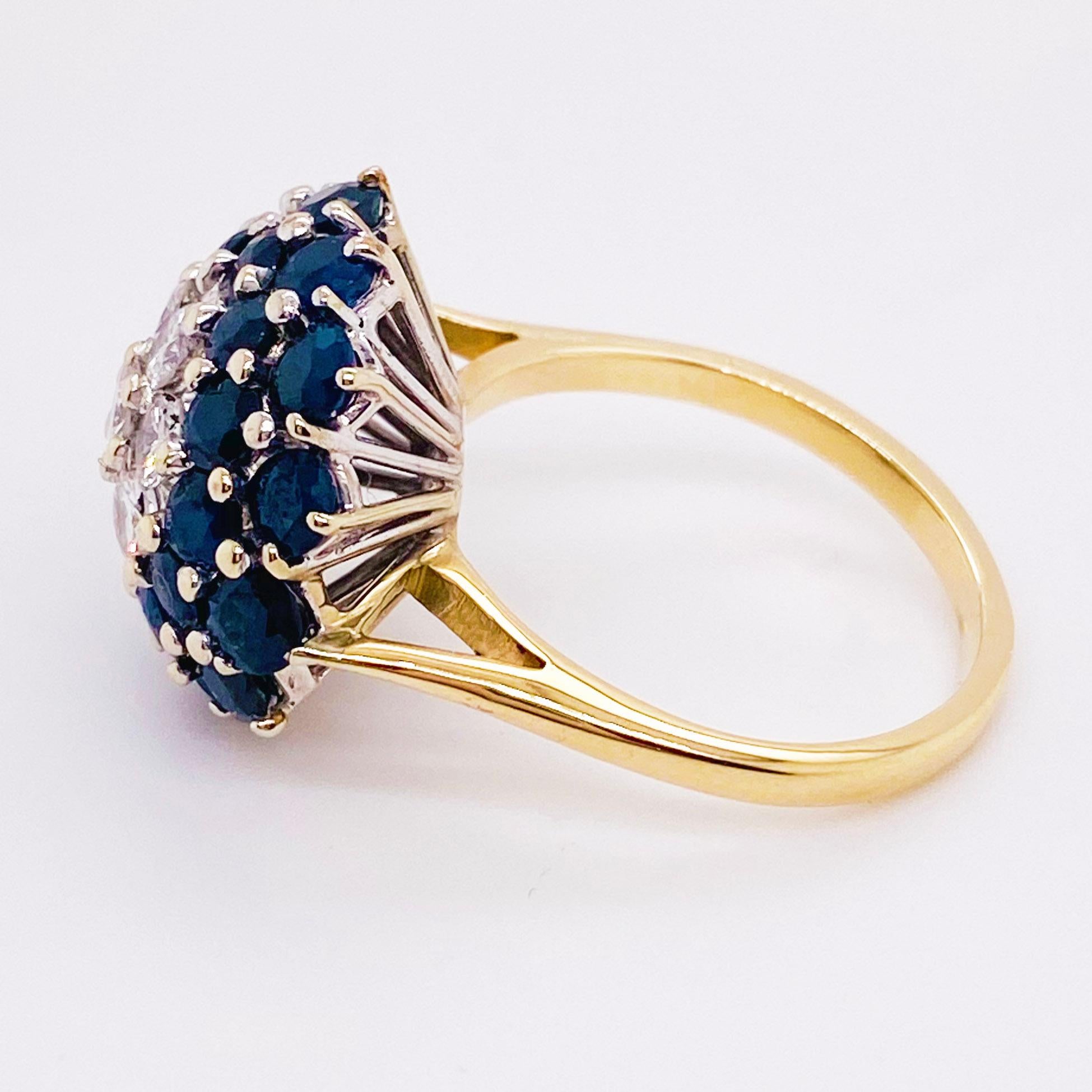 Sapphire Diamond Ring, Blue Sapphire Cluster Ring, Yellow Gold, circa 1975 In New Condition In Austin, TX