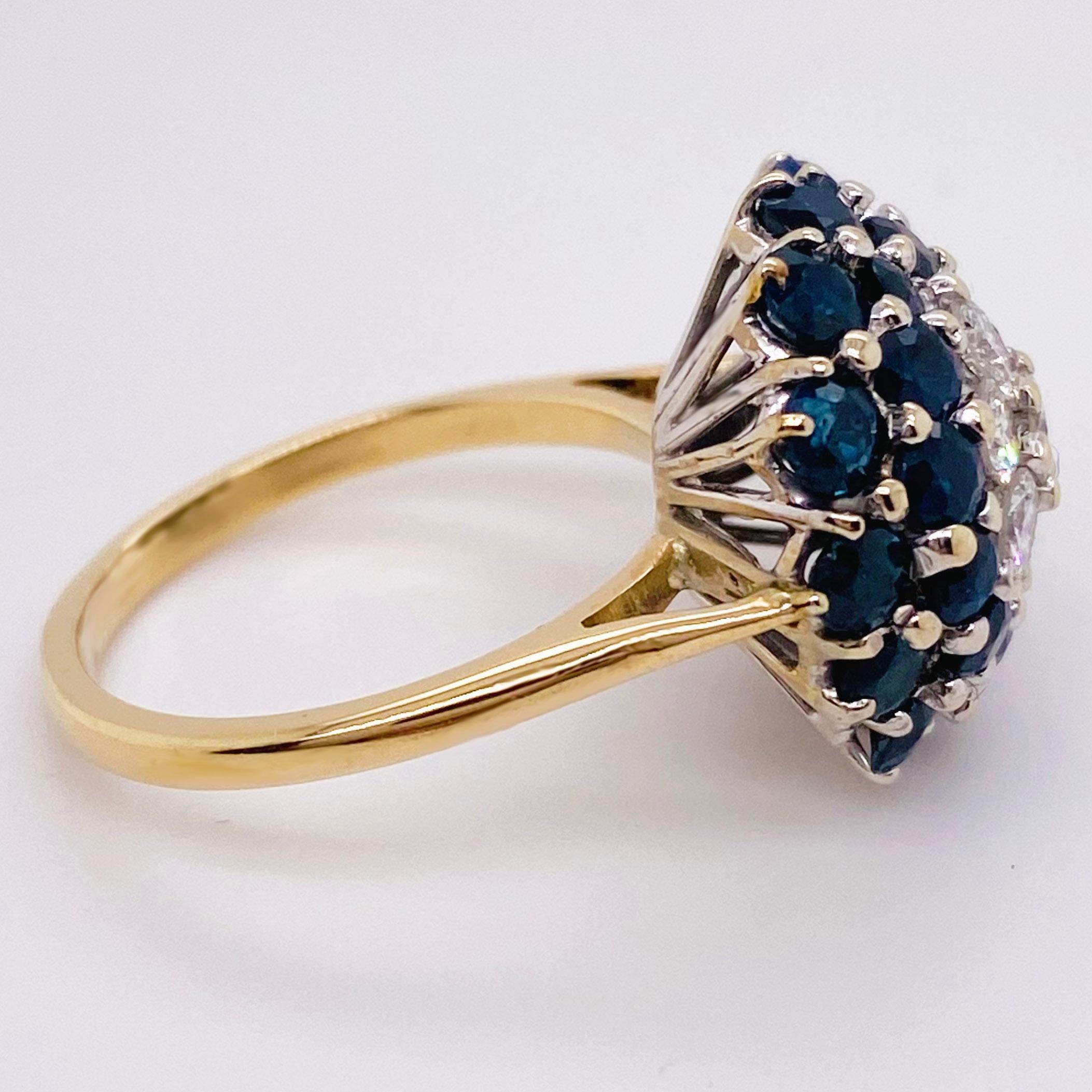 Women's Sapphire Diamond Ring, Blue Sapphire Cluster Ring, Yellow Gold, circa 1975