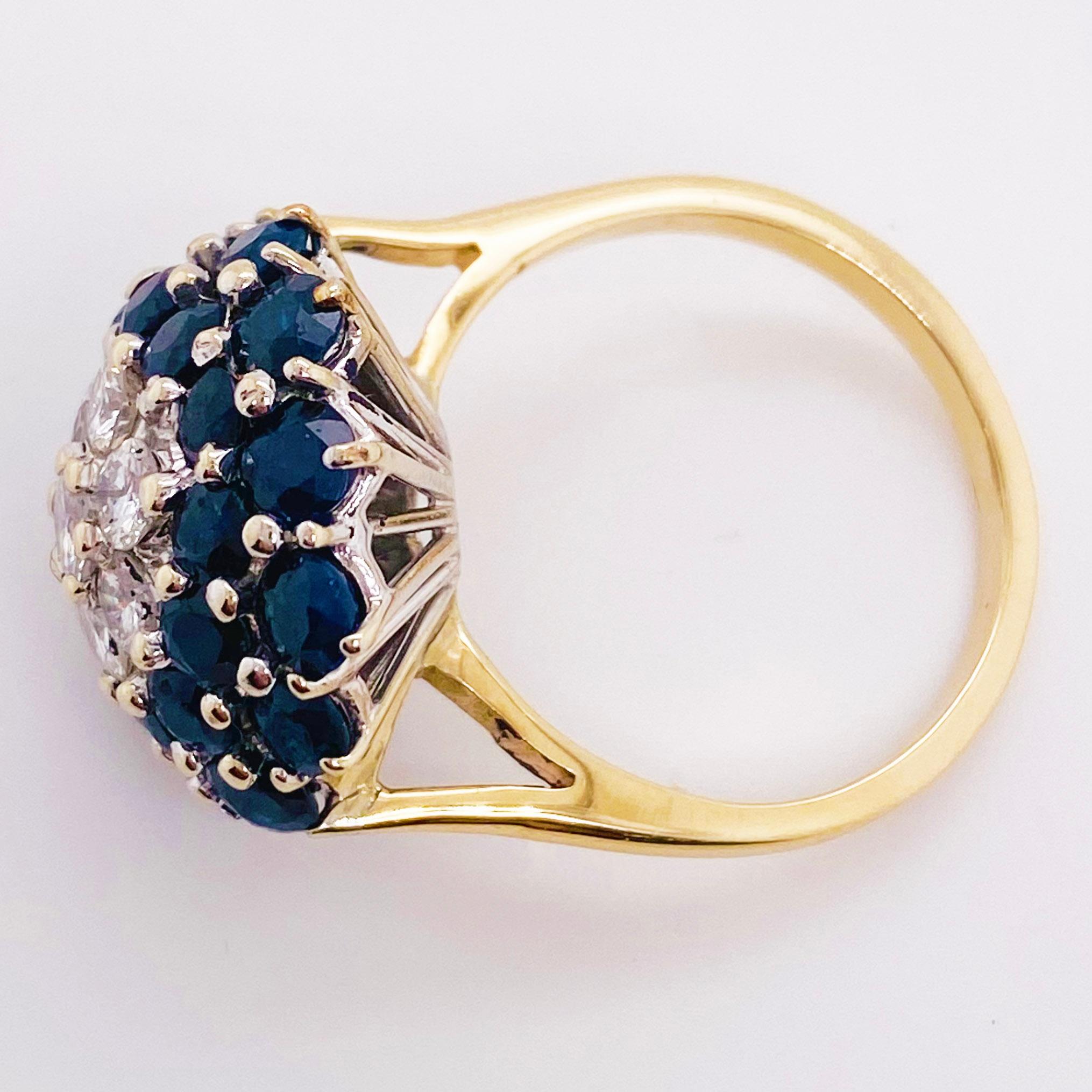 Sapphire Diamond Ring, Blue Sapphire Cluster Ring, Yellow Gold, circa 1975 1