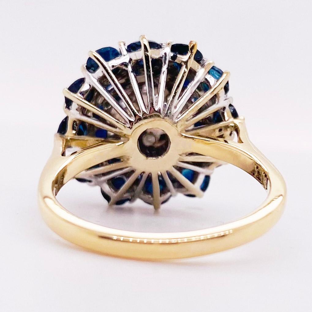 Sapphire Diamond Ring, Blue Sapphire Cluster Ring, Yellow Gold, circa 1975 2