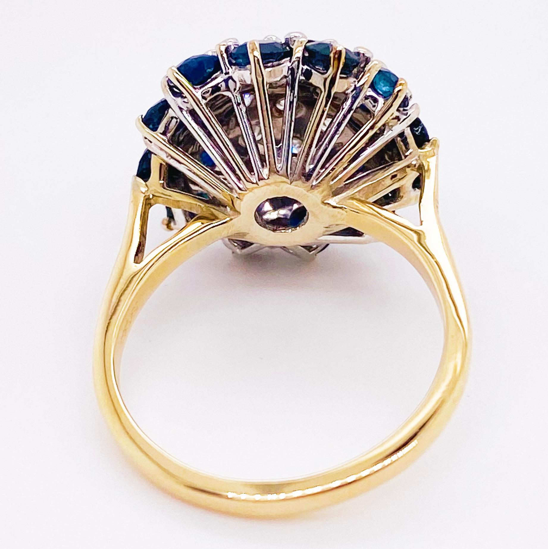 Sapphire Diamond Ring, Blue Sapphire Cluster Ring, Yellow Gold, circa 1975 3
