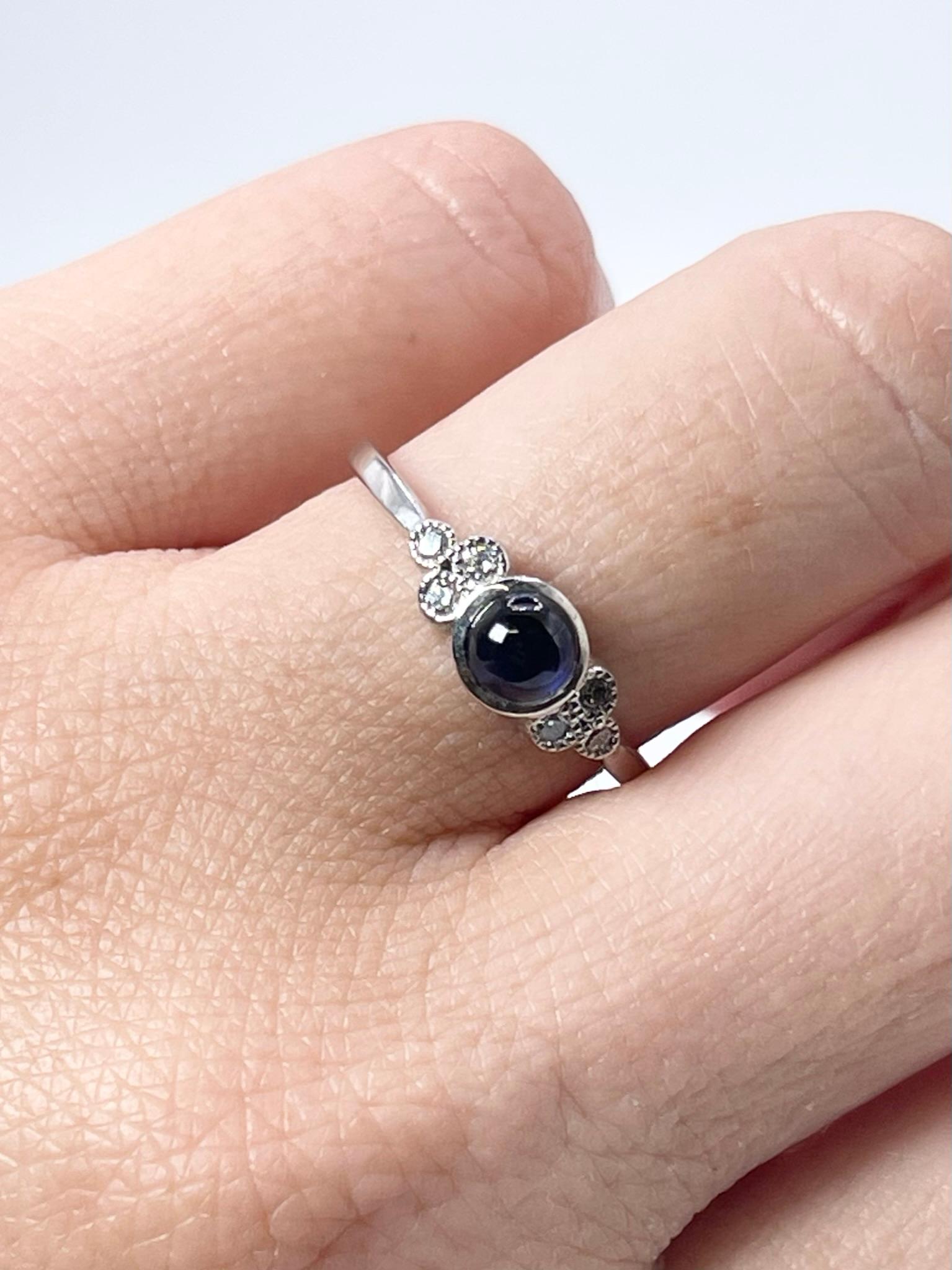 Round Cut Sapphire Diamond Ring Cabochon Sapphire ring 14KT white gold ring NATURAL gems  For Sale