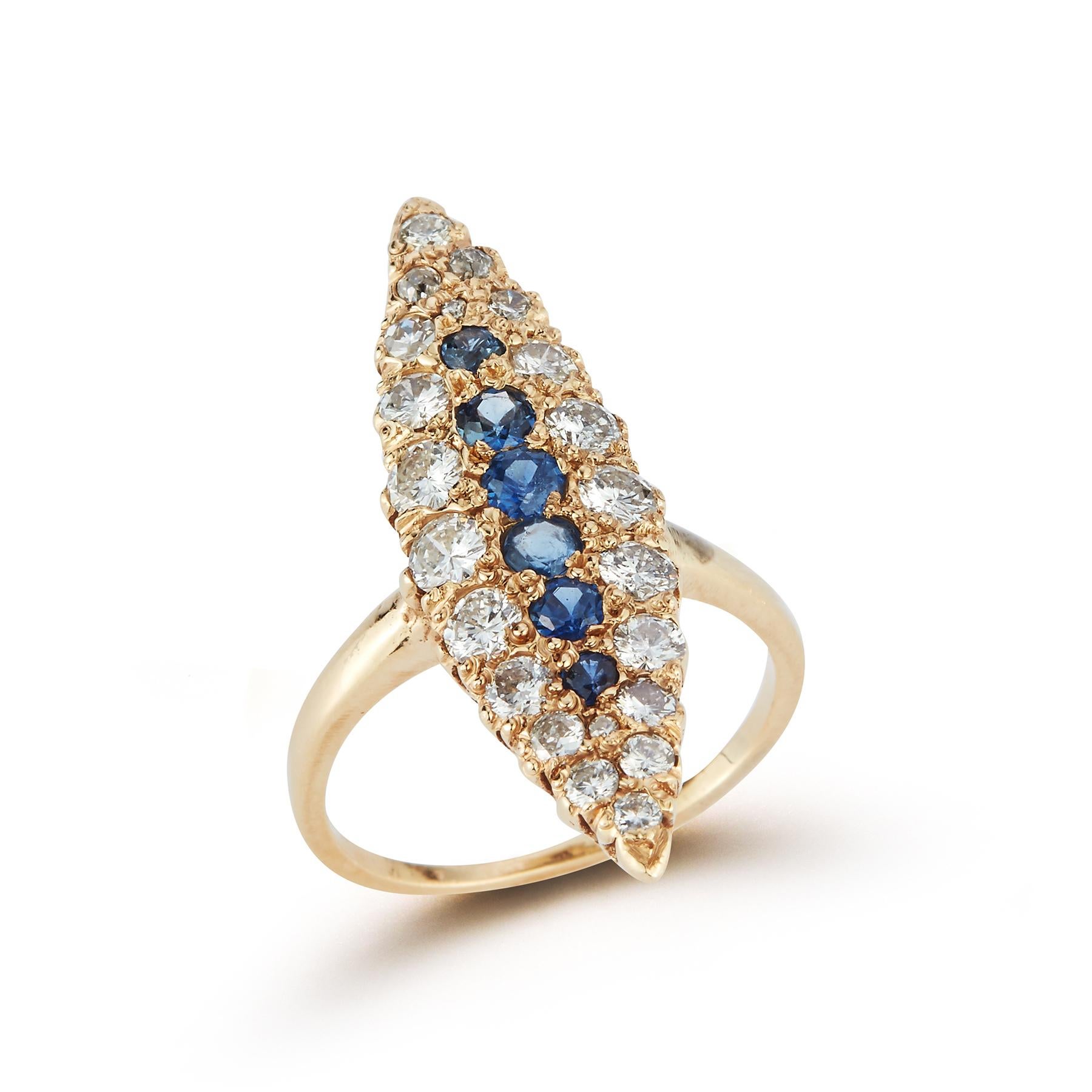Sapphire & Diamond Navette Shaped Ring 
20 round cut diamonds, approximately 1.60 cts 2 8/8  approximately.02 ct surrounding 6 sapphires   approximately .35 cts
Ring Size: 6
Re-sizable free of charge
Gold Type: 14K Yellow Gold 
 