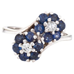 Sapphire Diamond Ring Moi et Toi 14k White Gold Cluster Vintage Jewelry 5.75