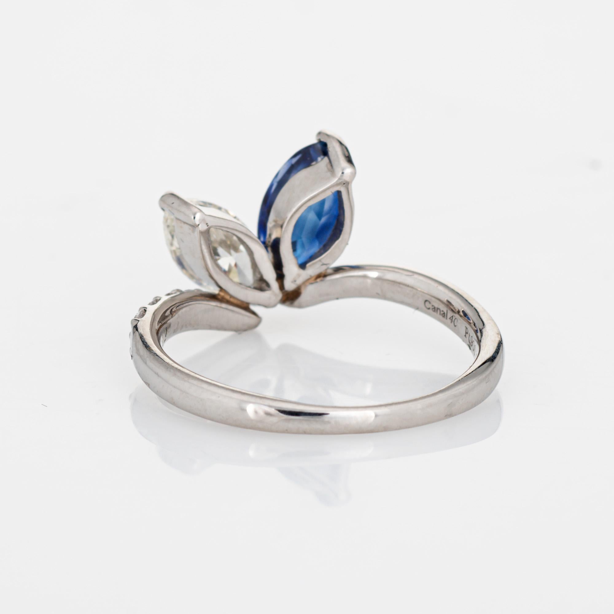 Sapphire Diamond Ring Moi et Toi Platinum Sz 6 Marquise Engagement Jewelry In Good Condition For Sale In Torrance, CA