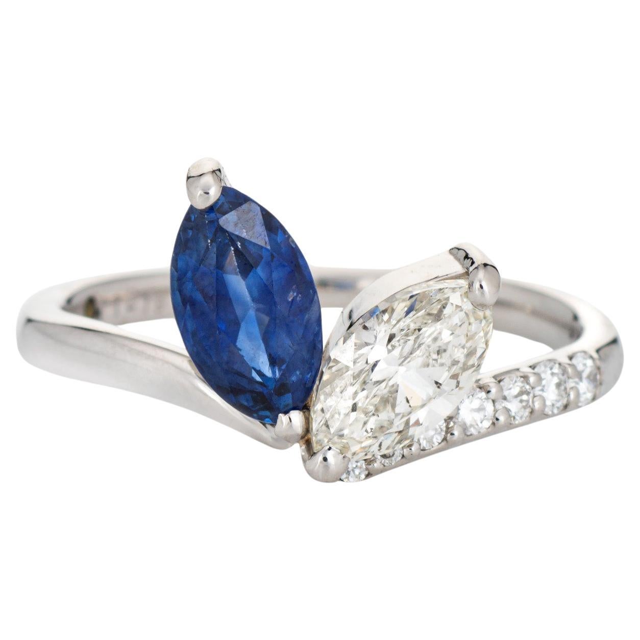 Sapphire Diamond Ring Moi et Toi Platinum Sz 6 Marquise Engagement Jewelry For Sale