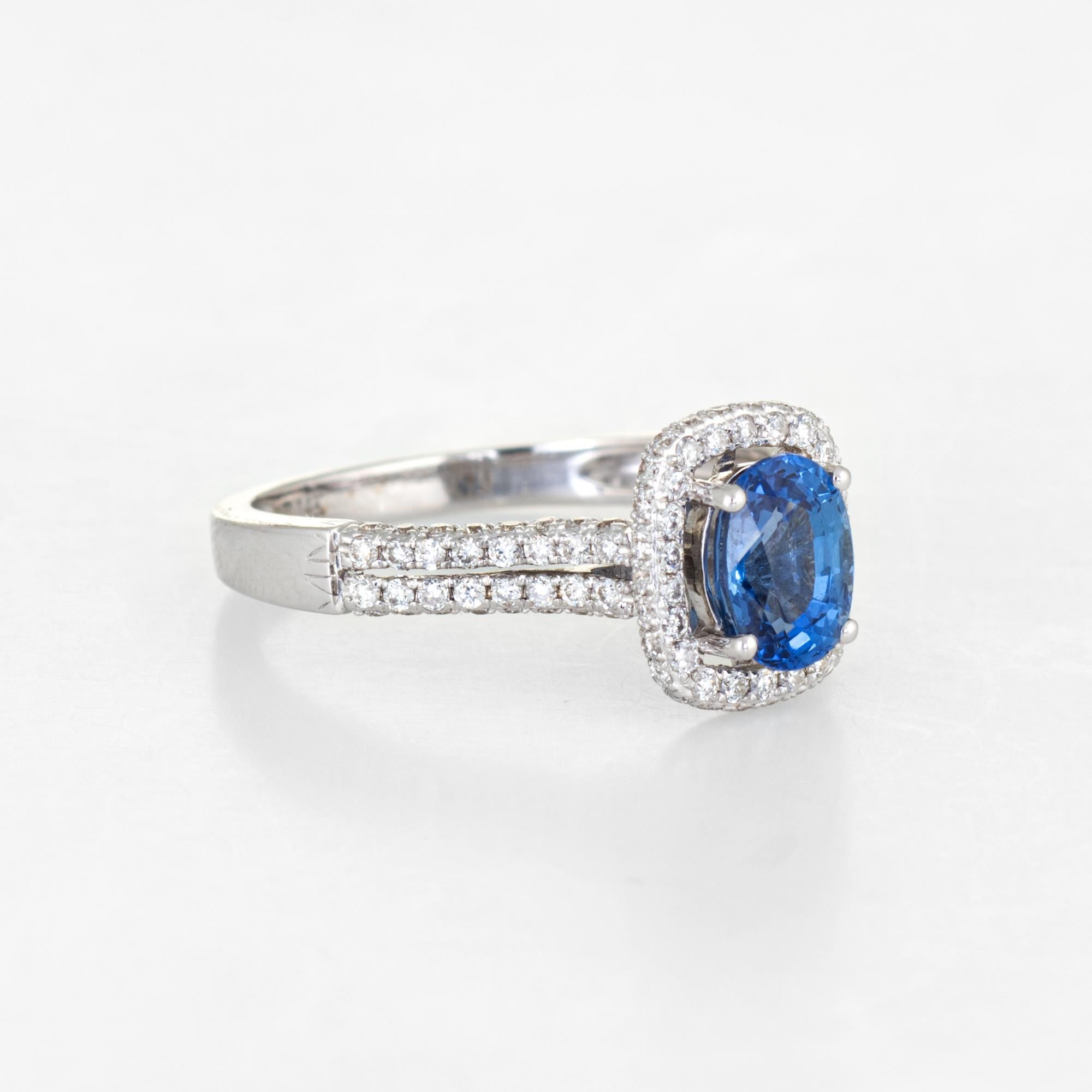 Contemporary Sapphire Diamond Ring Square Halo Estate 14k White Gold Gemstone Engagement For Sale